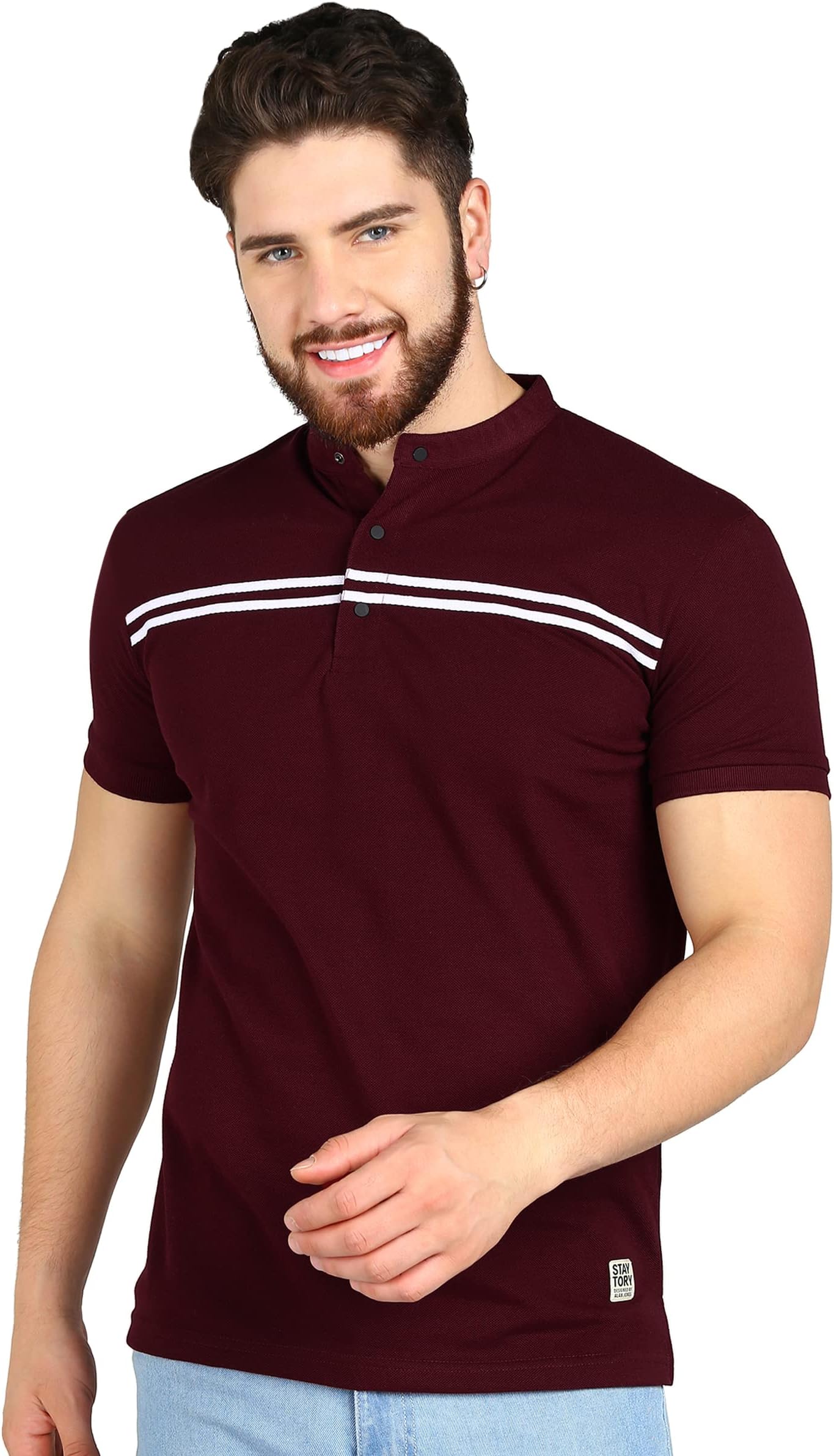 Men's Cotton Regular Fit Mandarin Collar Solid Polo T-Shirt