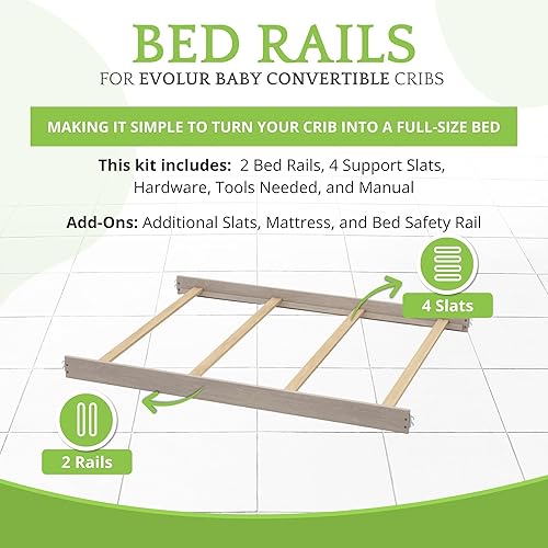 Vista 139 de Kit de conversión de tamaño completo, rieles de cama para cunas Evolur, kit convertible de cuna de madera maciza para cama de niños, rieles de Blanco