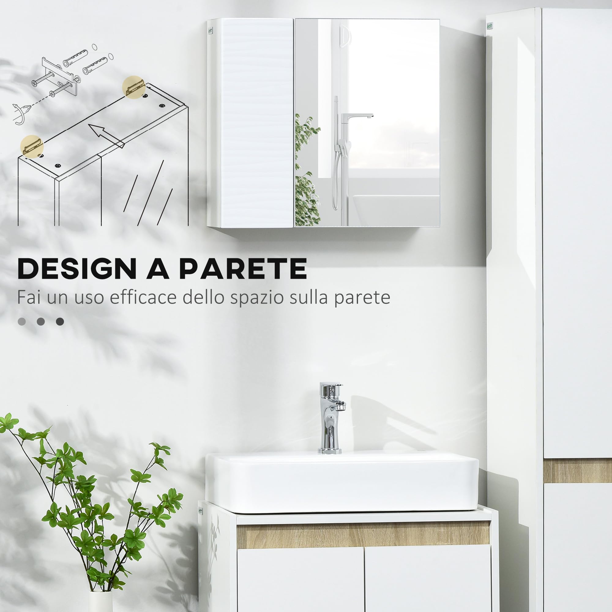 kleankin Mobile Bagno con Specchio, 2 Ante e Ripiani Regolabili, Specchio Bagno Contenitore in Truciolato e Vetro, Design a Parete, 48x15x45 cm, Bianco