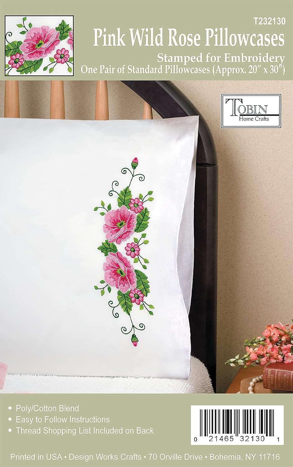 Pink Wild Rose Stamped for Embroidery Pillowcases - Set of Two
