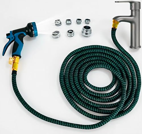 Indoor Sink Hose Attachment, 50FT Expandable Water Hose with 7 Faucet Adapters for Kitchen & Bathroom Faucets, Watering Plants, Pet Bathing and Household Cleaning