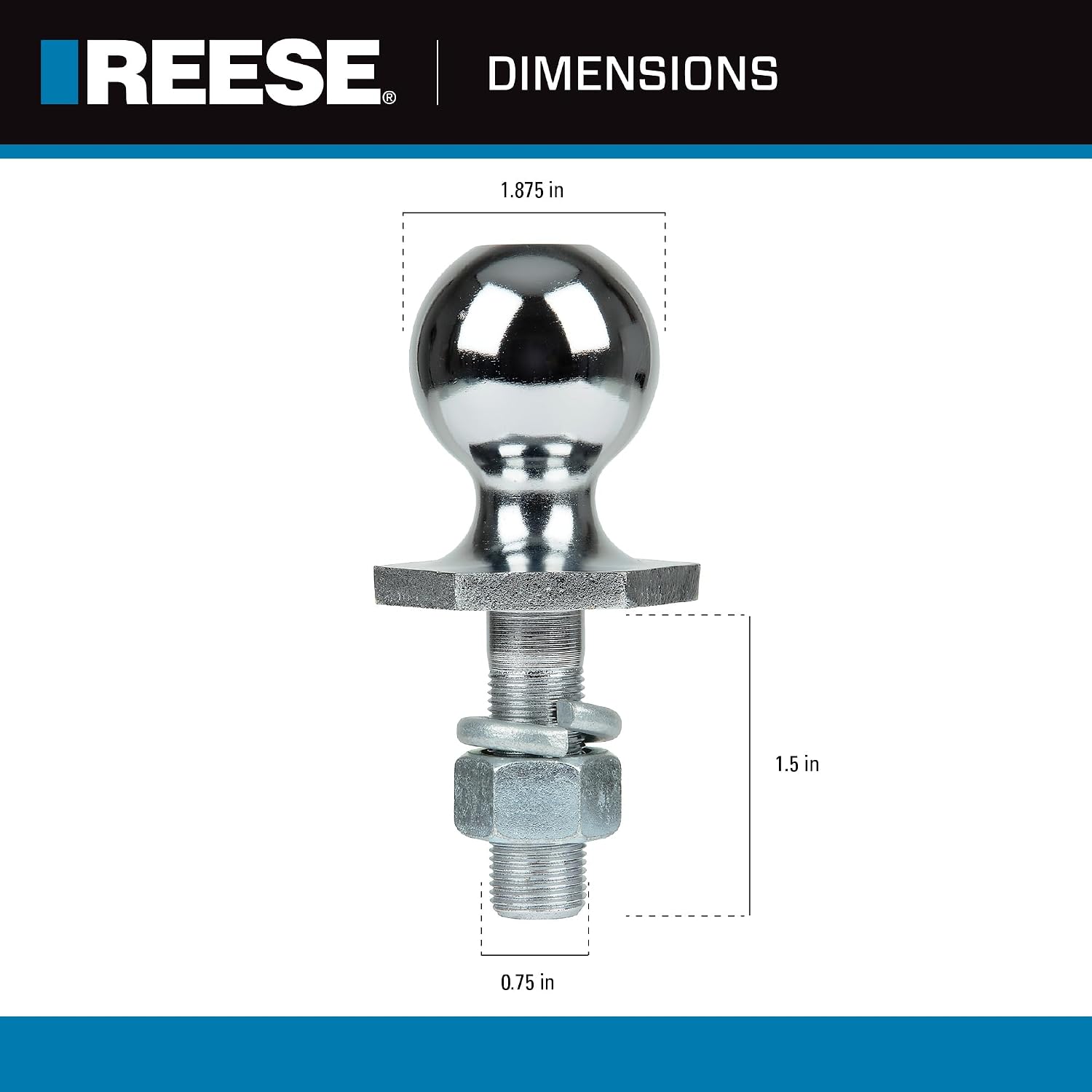 Reese Towpower 7008120 Interlock® Trailer Hitch Ball, 1-7/8 in. Diameter, 2,000 lbs. Capacity, 3/4 in. Shank Dia, 1-1/2 in. Shank Length, Chrome, Litho Box