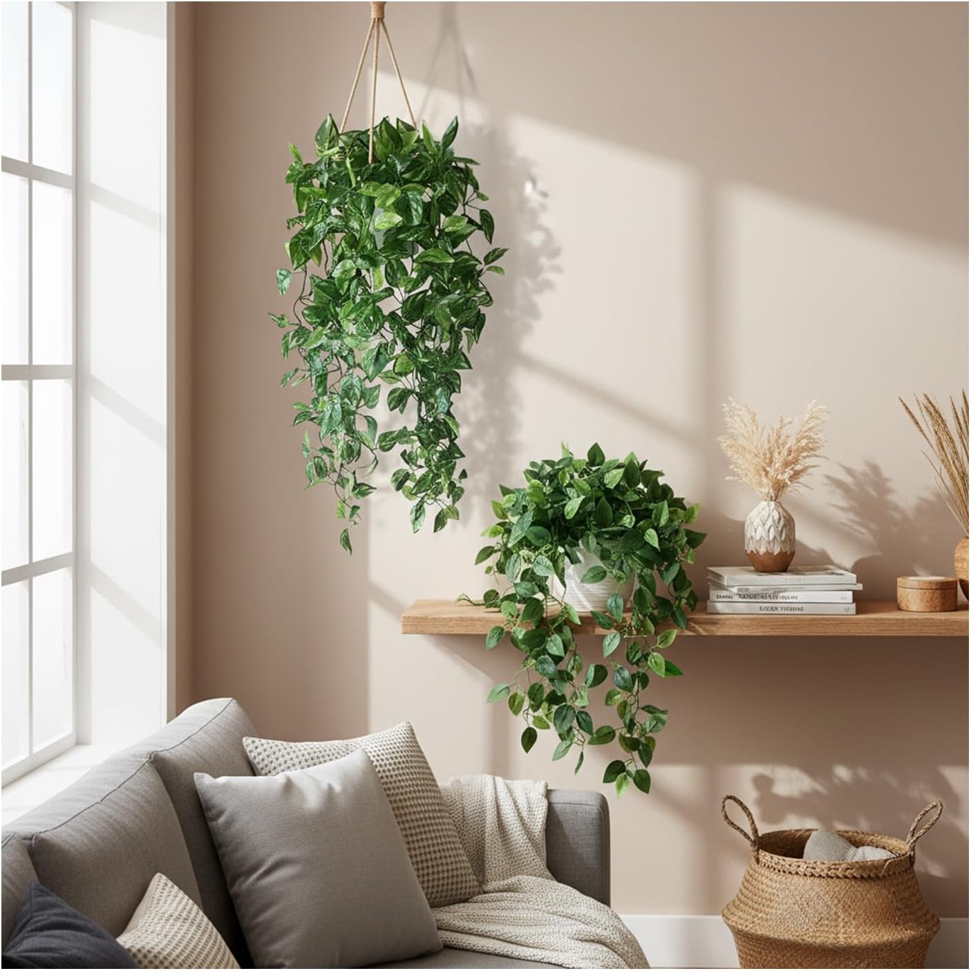 35.5" Artificial Pothos Ivy Plants Set of 2 with Pots, Fake Hanging Greenery Silk Leaves for Home Decor, Realistic Faux Plants for Shelf Tabletop Office, No Maintenance Needed (Light & Dark Green)