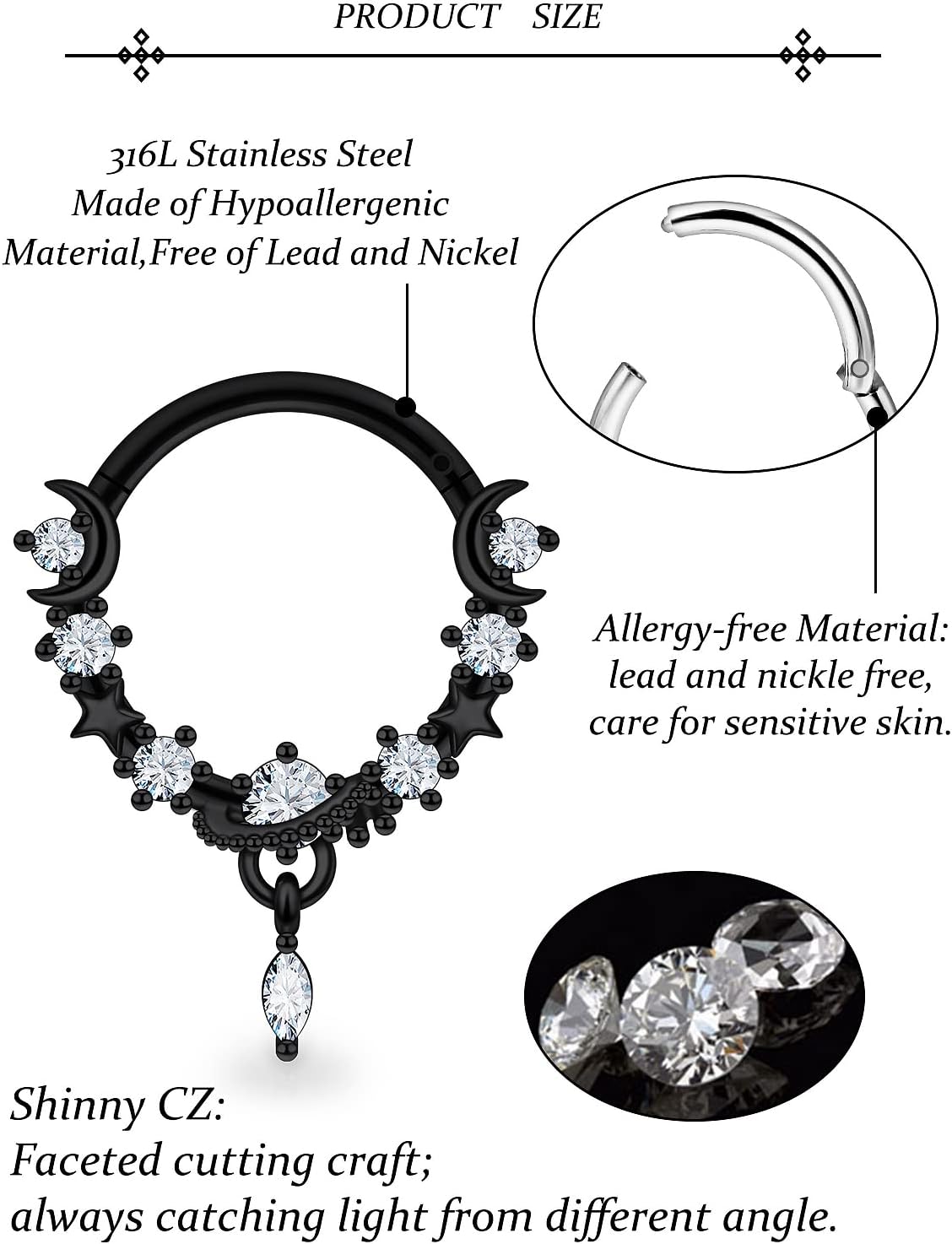 Vsnnsns 16G Septum Rings Stainless Steel Septum Piercing Jewelry Clicker Hinged Segment Nose Rings Hoop Piercing Jewelry for Women Men 10MM Silver Black Rose Gold
