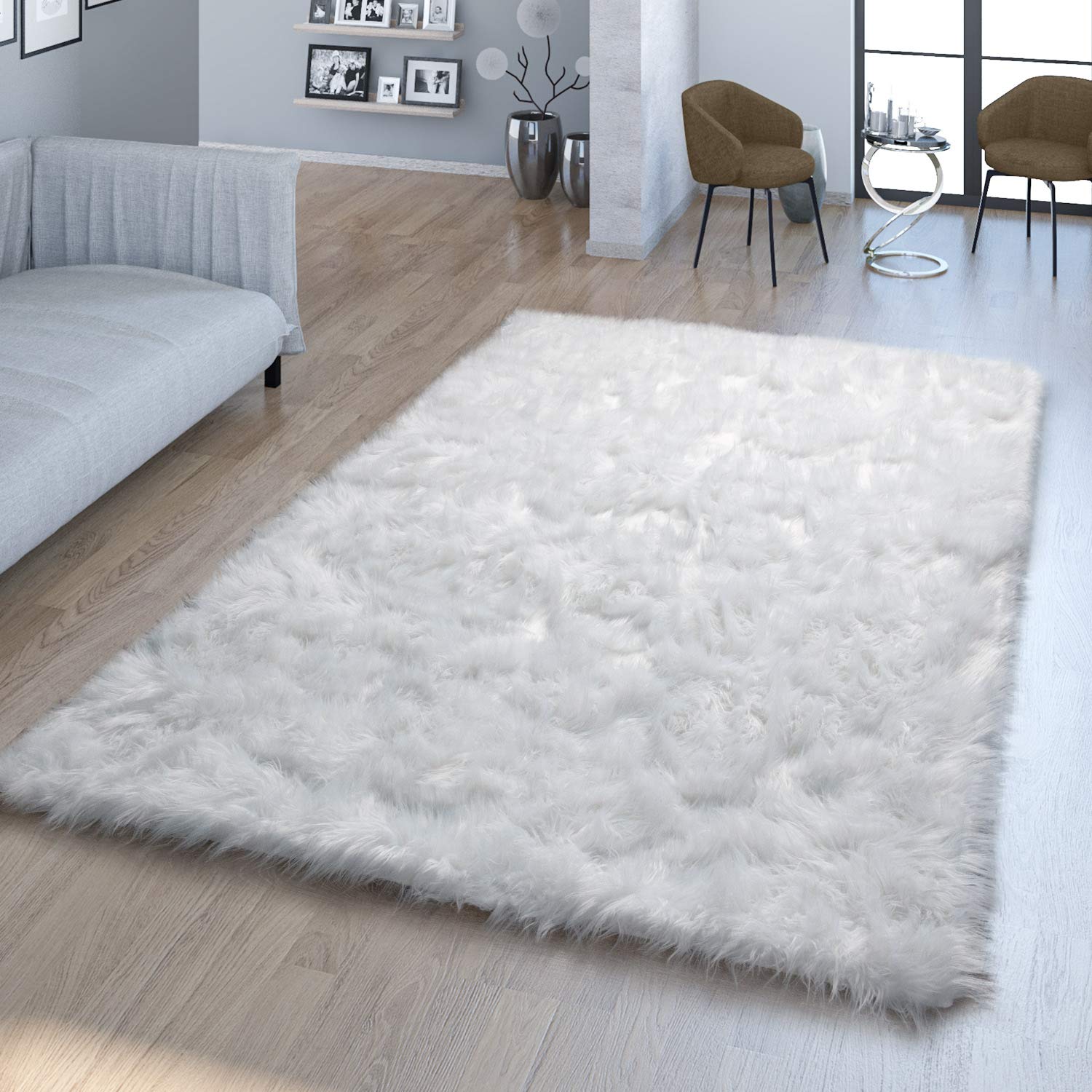 TT Home Alfombra Salón Pelo Largo Diseño Piel Sintética Dif. Formas Colores Lisos Blanco, Tamaño:80x120 cm Forma de Piel