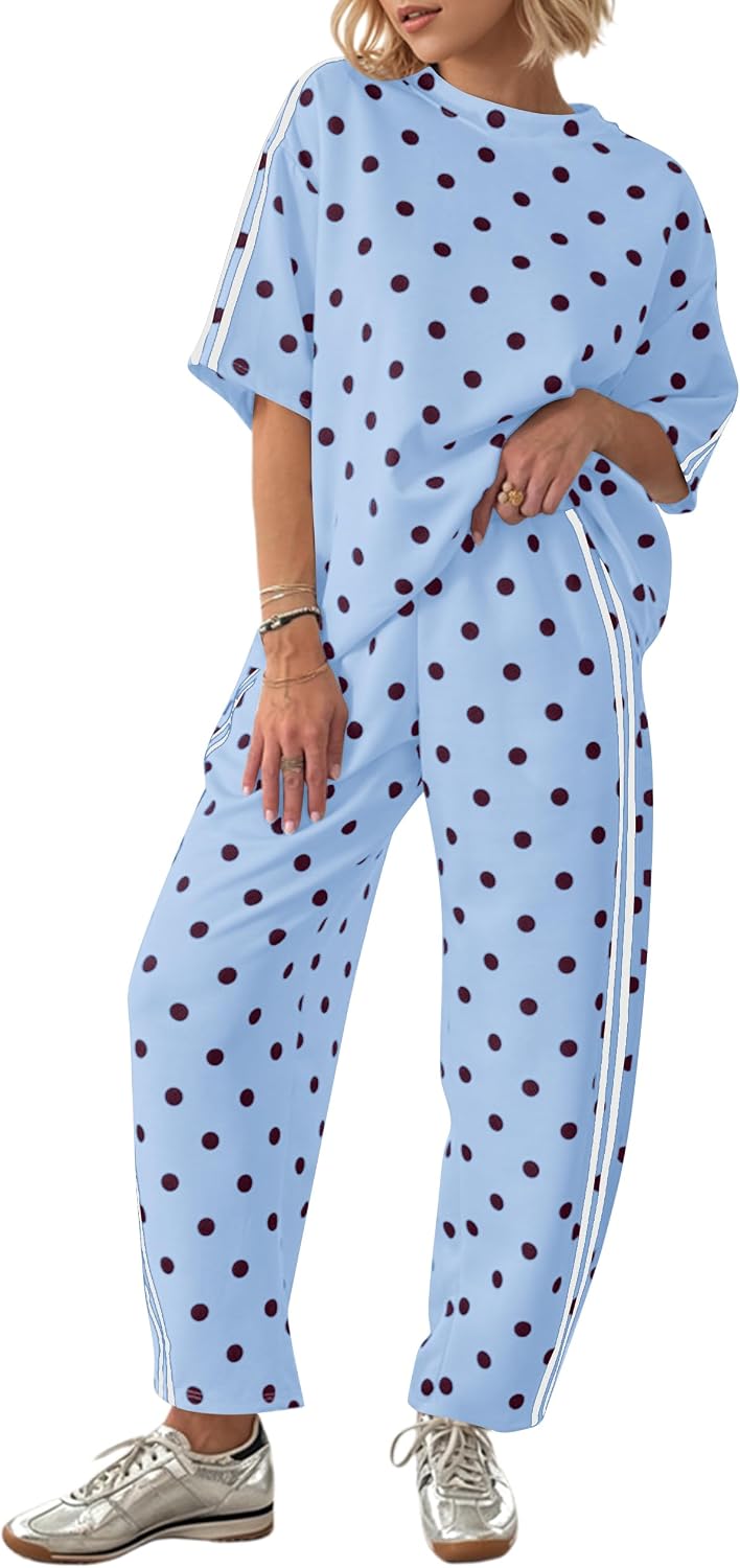 MSBESYOR Women 2 Piece Lounge Sets Airport Travel Polka Dot Set Short Sleeve Tshirts Side Striped Barrel Pants 2026 Outfits