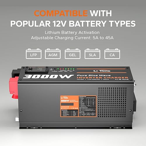 Miniatura 4 de LiTime 3000W Pure Sine Wave Inverter Charger, 12V DC to 120V AC Solar Controller, 9000W Peak Power, UPS Function, 5A - 45A Adjustable Current, LCD