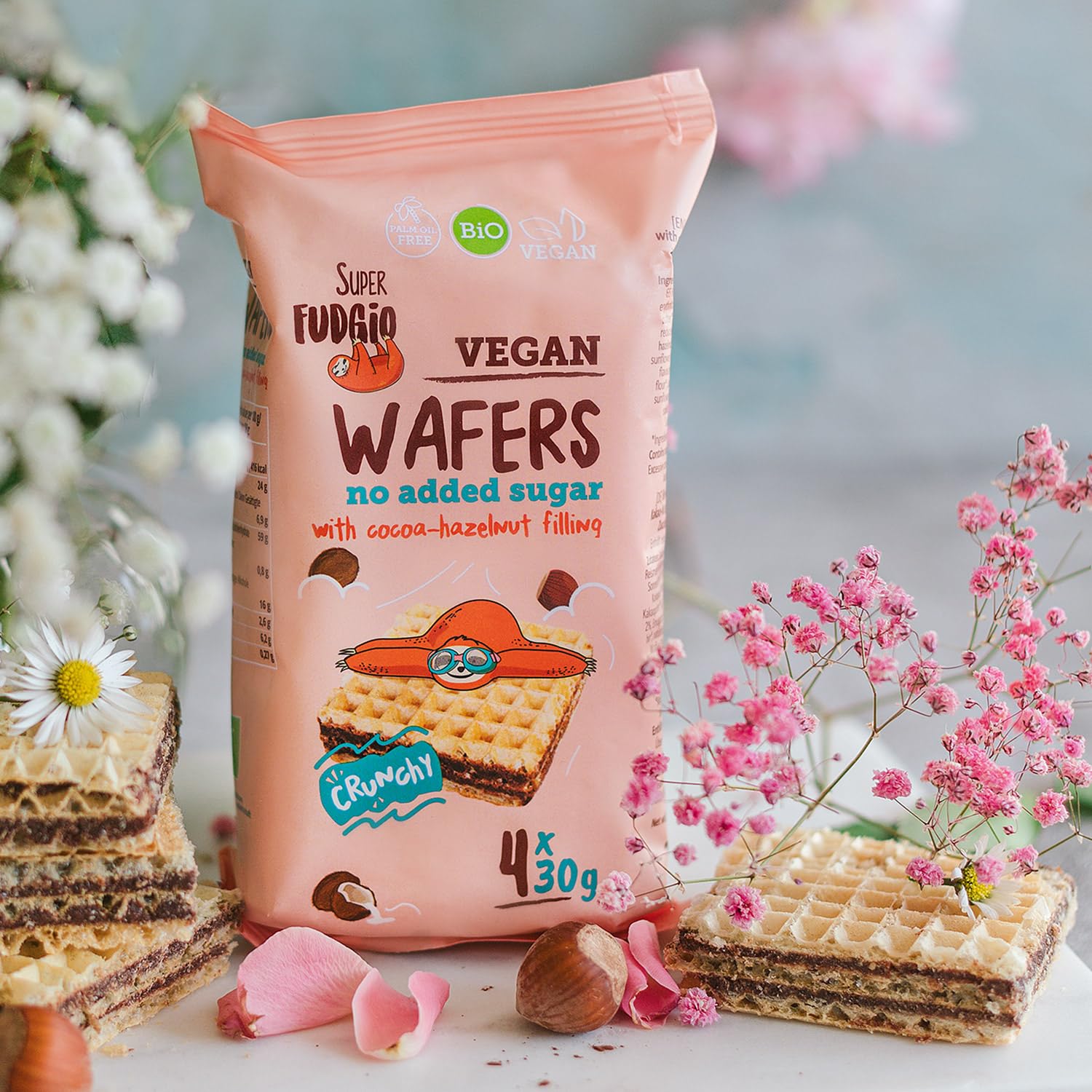 SUPER FUDGiO Bio Waffles con crema de cacao y avellana sin azúcar ni aceite de palma, sin azúcar añadido, 4 x 30 g (8 unidades)