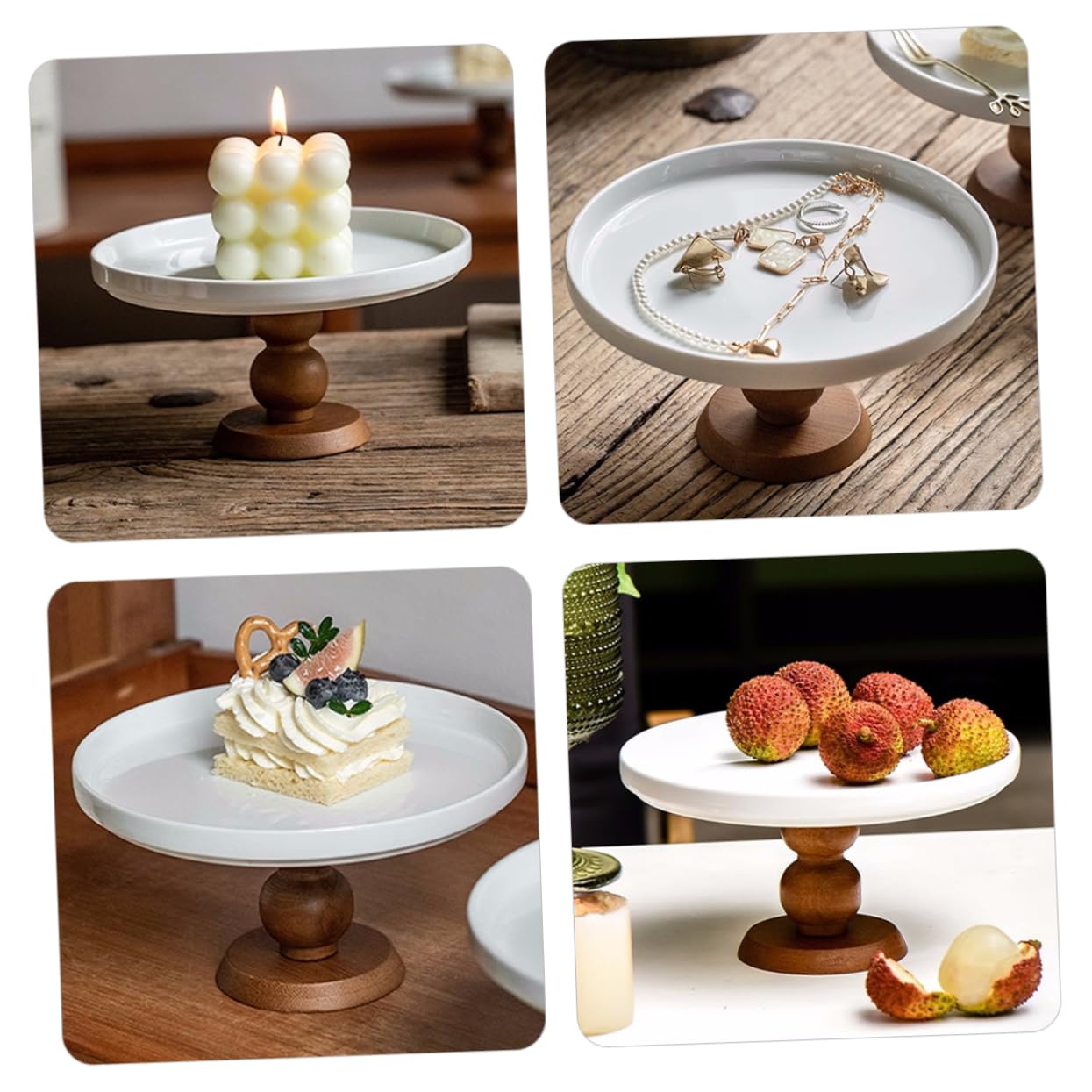 ABOOFAN Alzata per Dolci in Ceramica e Legno, Design Retrò Base Alta, per Torte, Cupcake e Dessert su Tavoli da Festa e Matrimonio