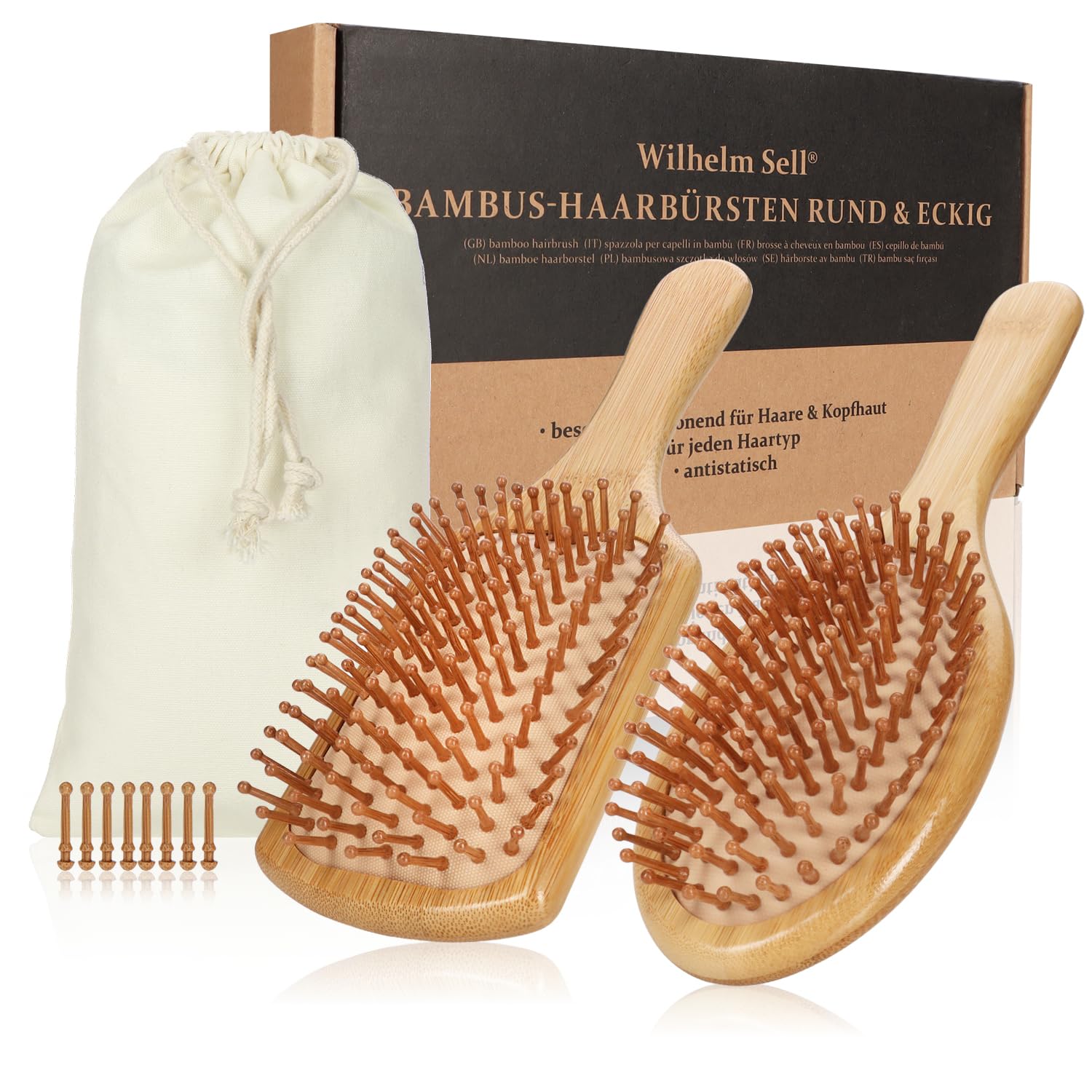 Wilhelm Sell® 2-piece bamboo hairbrush Set including natural bristles, Eco-friendly paddle brushes for women men and kids