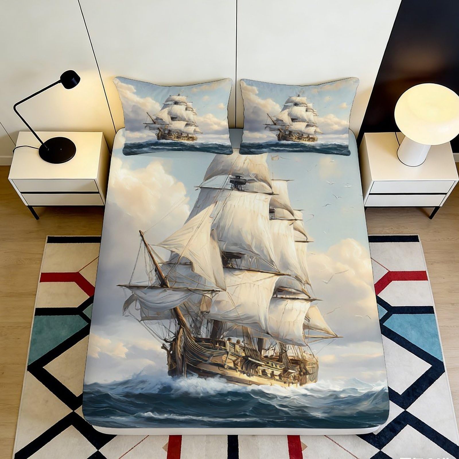 3D Printed Sailing Ship Fitted Sheet Microfiber Soft Nautical Ocean Bed Cover for Bedroom Guestroom Decor Easy Care 90x200x25cm