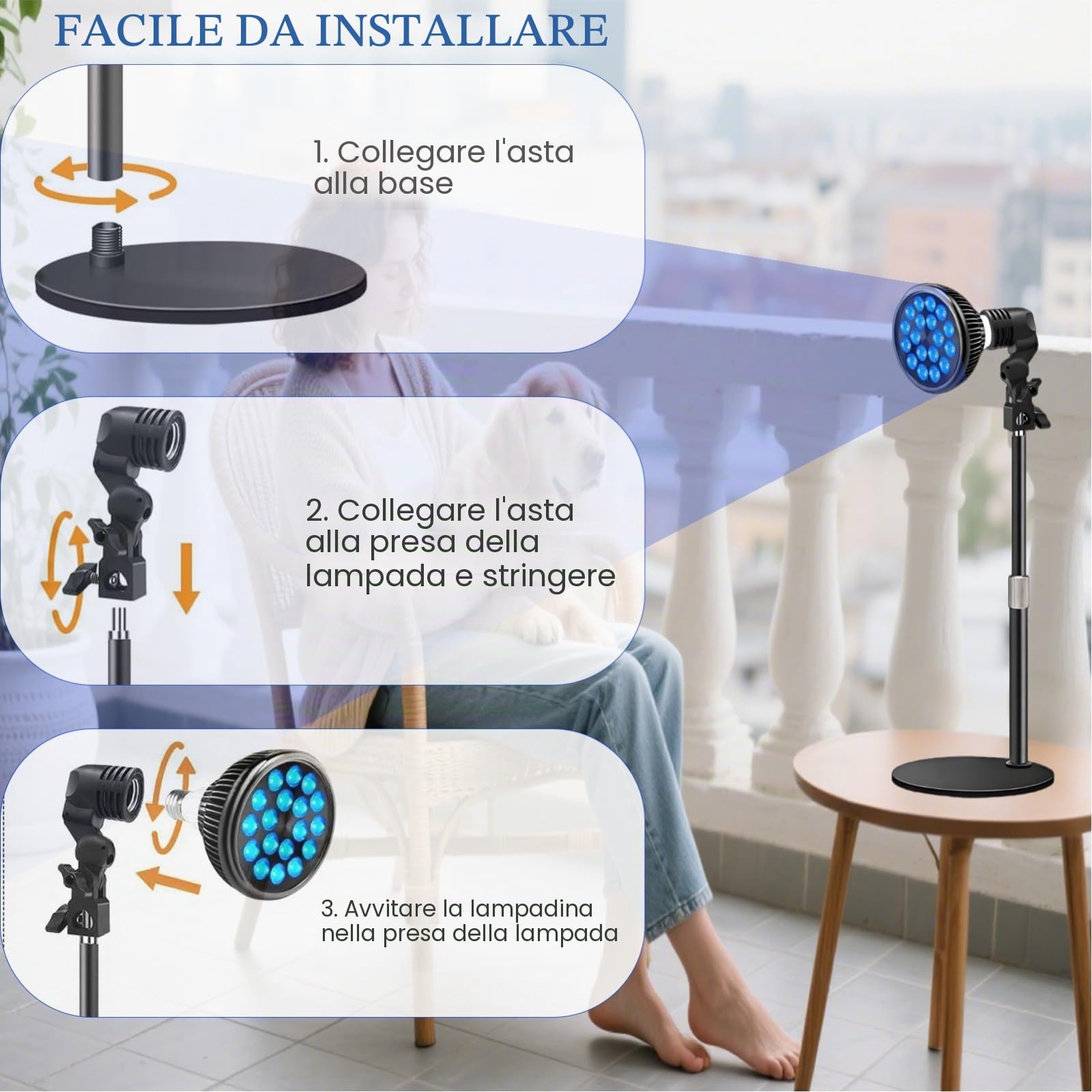 Lampada abbronzante per viso e corpo: 18 LED con terapia della luce blu da 54 W e lunghezza d'onda 460 nm, base e supporto regolabili in altezza, E27, occhiali autoabbronzanti per uso domestico
