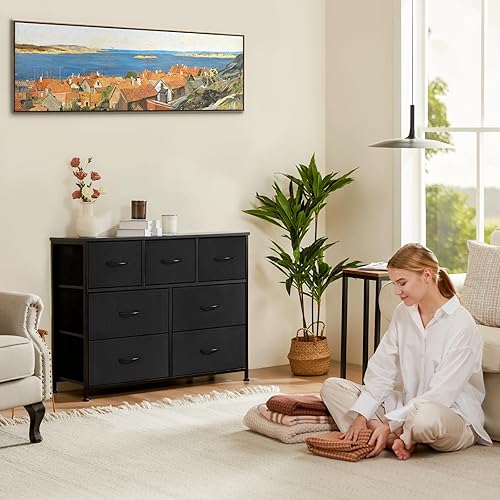 Miniatura 2 de Sweetcrispy Cómoda para dormitorio, cajones de almacenamiento, soporte de TV torre de almacenamiento de tela con 7 cajones, cómoda con cubos de