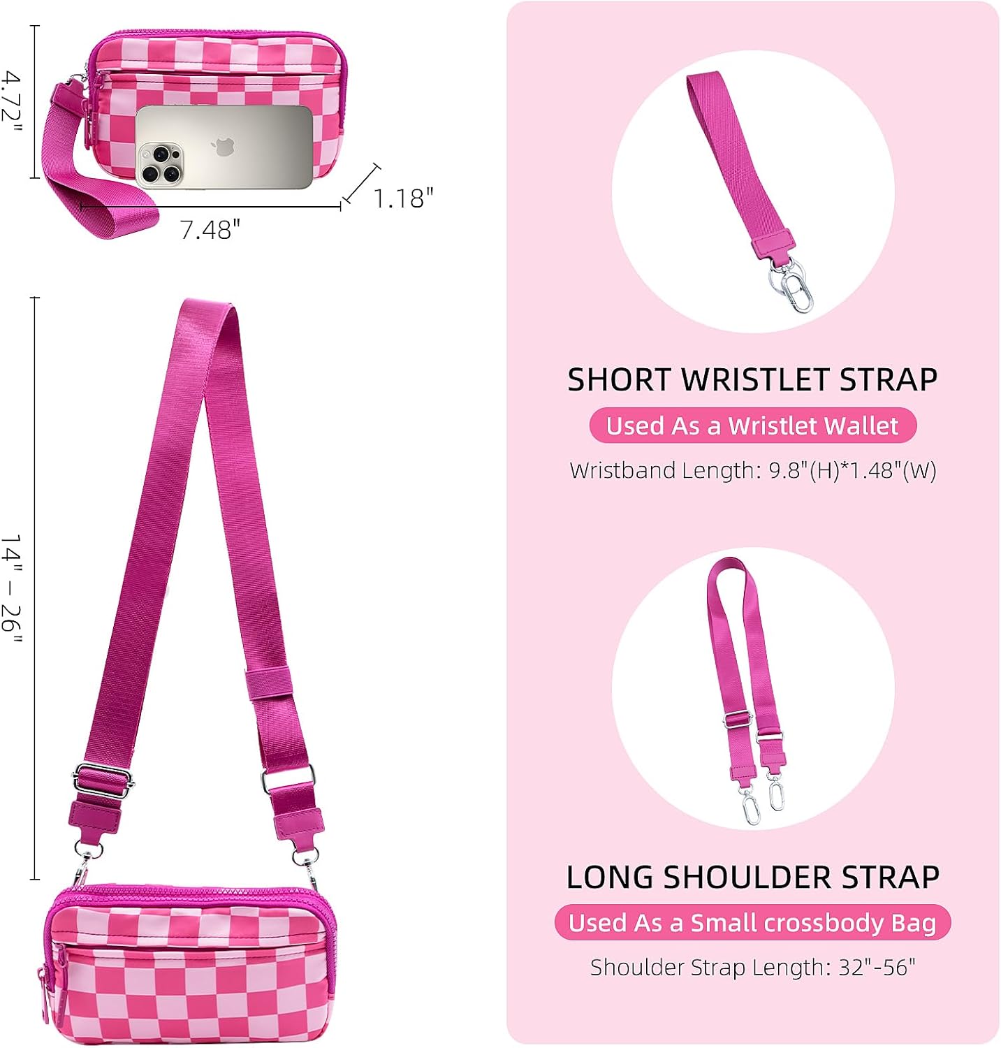 Wristlet Wallets for Women Checkered Wallet Small Crossbody Bag Nylon Quilted Purse Credit Card Holder with 4 Zipper