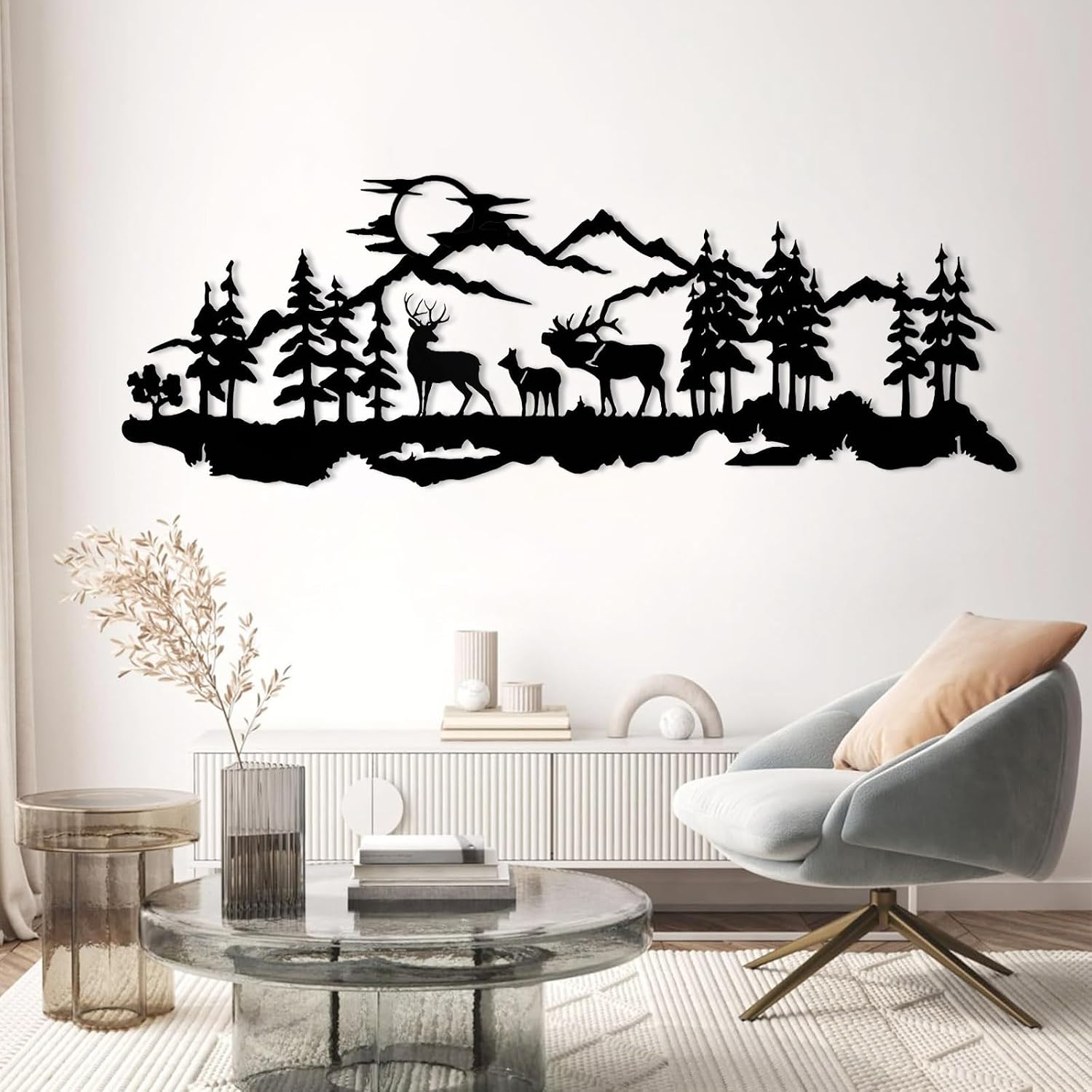 Forest Mountain with Deer Metal Wall Decor, Hill and Trees Large Metal Wall Art, Deer Family Wall Art, Nature and Forest Decoration, Large Modern Wall Decor Living Room (Black, 69"x24"/175x61cm)