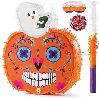 VINTS Pumpkin Piñata,Halloween Pumpkin Sugar Skulls Piñata with Blindfold Bat for Halloween Theme Parties Birthday party Day of the Dead Decorations(16.5×12.8×3.15in) Mexican Pinata