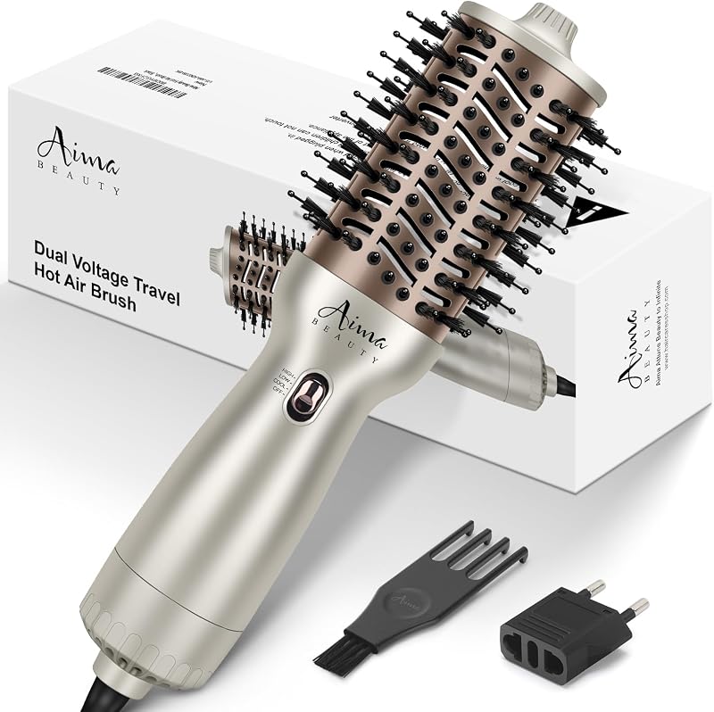 Aima Beauty Worldwide Travel Hot Air Brush Auto Dual Voltage Cool Shot | Oval Shape One Step Volumizer Straightener Blow Dryer Brush Ionic Lock Moisture Gift 360° Swivel Cord Champagne Silver