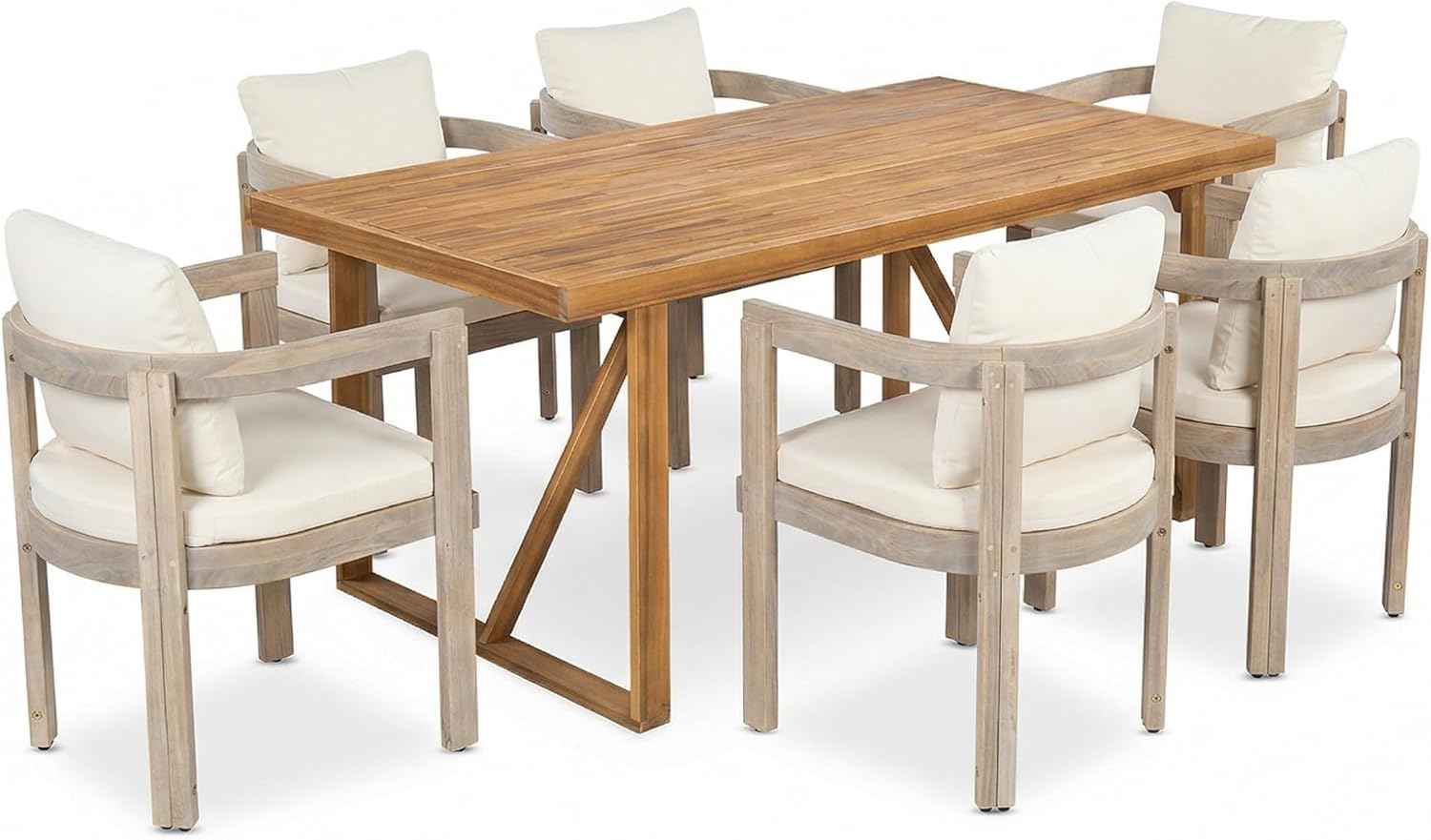 7 Pieces Acacia Wood Outdoor Dining Set with Cream Cushions, Modern 6 Chairs & 1 Large Table, Outdoor Dining Furniture for Lawn, Backyard, Garden Deck, Poolside(Light White+Teak+Acacia Wood)