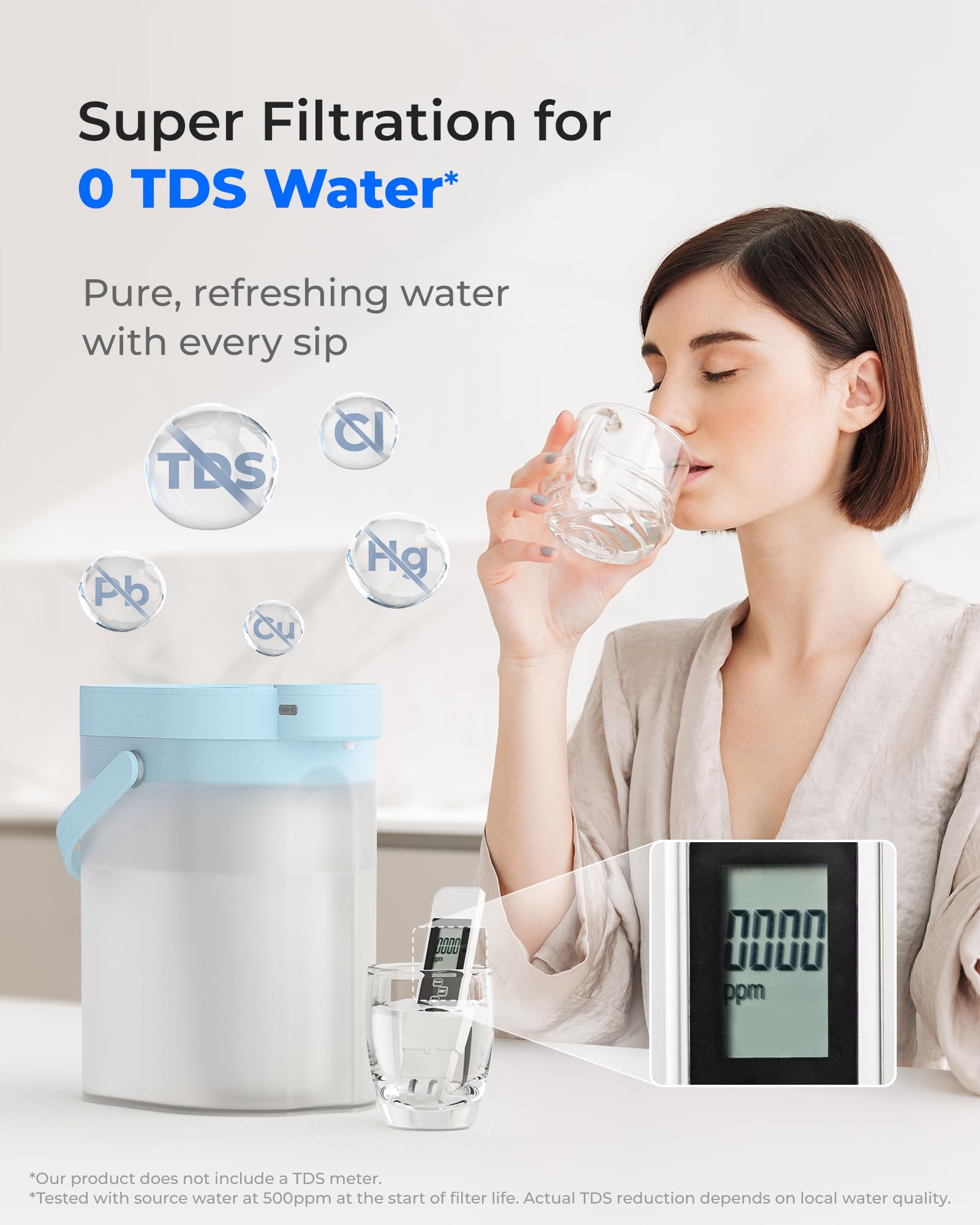 Waterdrop 0 TDS Zero TDS dozownik filtra wody, z możliwością ponownego ładowania, 5-stopniowy, wydajny dzbanek elektryczny, redukuje chlor, ołów, niebieski