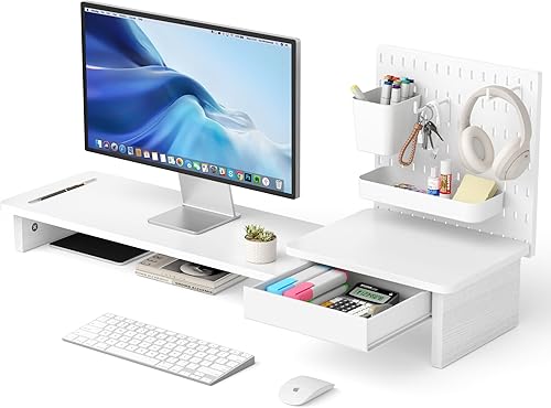 Miniatura 8 de Soporte elevador LED de doble monitor para 2 monitores, soporte de madera de escritorio de oficina, longitud y ángulo ajustables, 3 estantes,