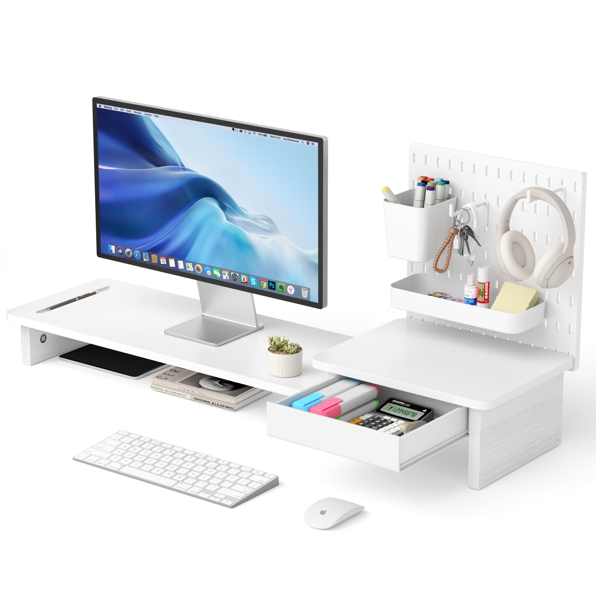 Pegboard Monitor Stand Riser,Computer Monitor Stand with 2 Hooks Cable Management Desk Organizer and Drawer for Laptop,PC,Computer,Printer,White