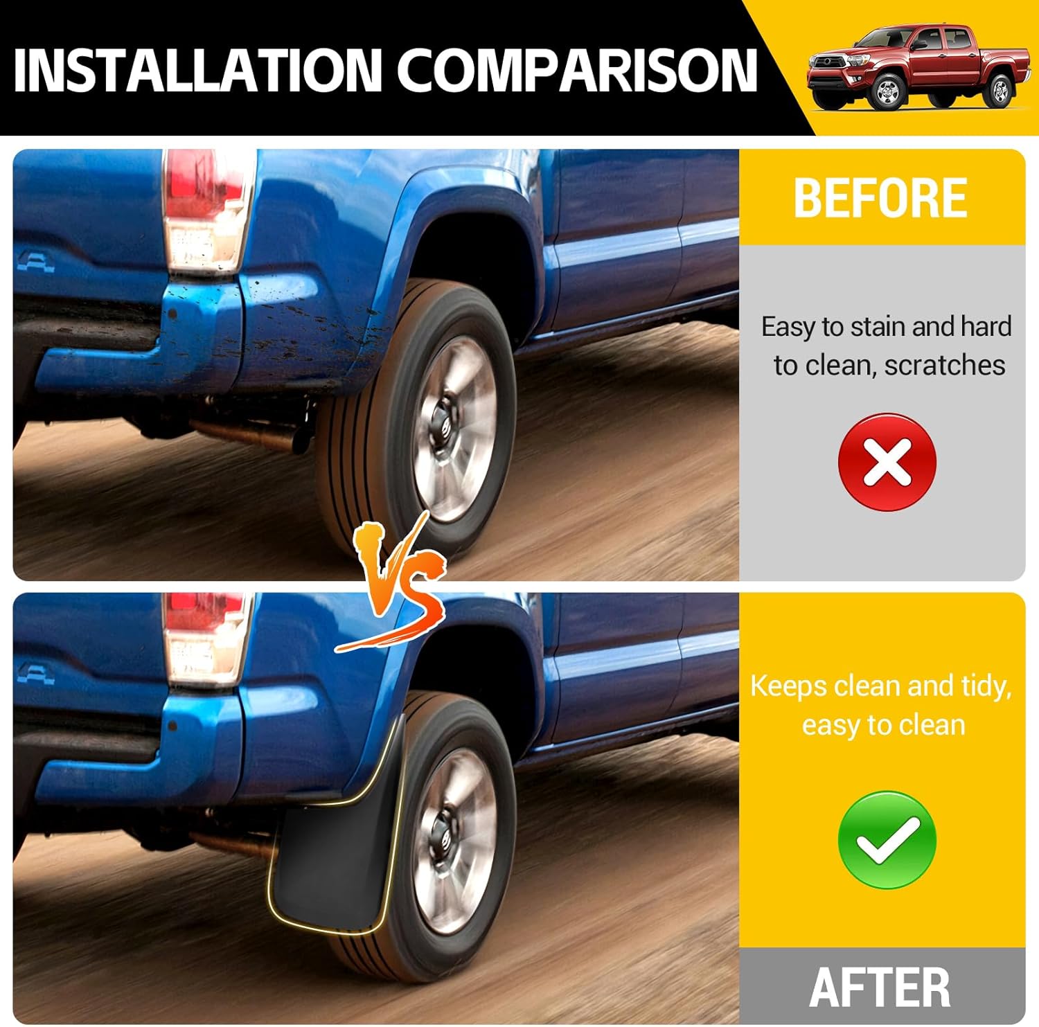 Mud Flaps for 2005-2015 Toyota Tacoma with OEM Fender Flares, No Drill Splash Guards Front & Rear Truck Mud Guards with Hardware Accessories Mudflaps Set(4pcs)