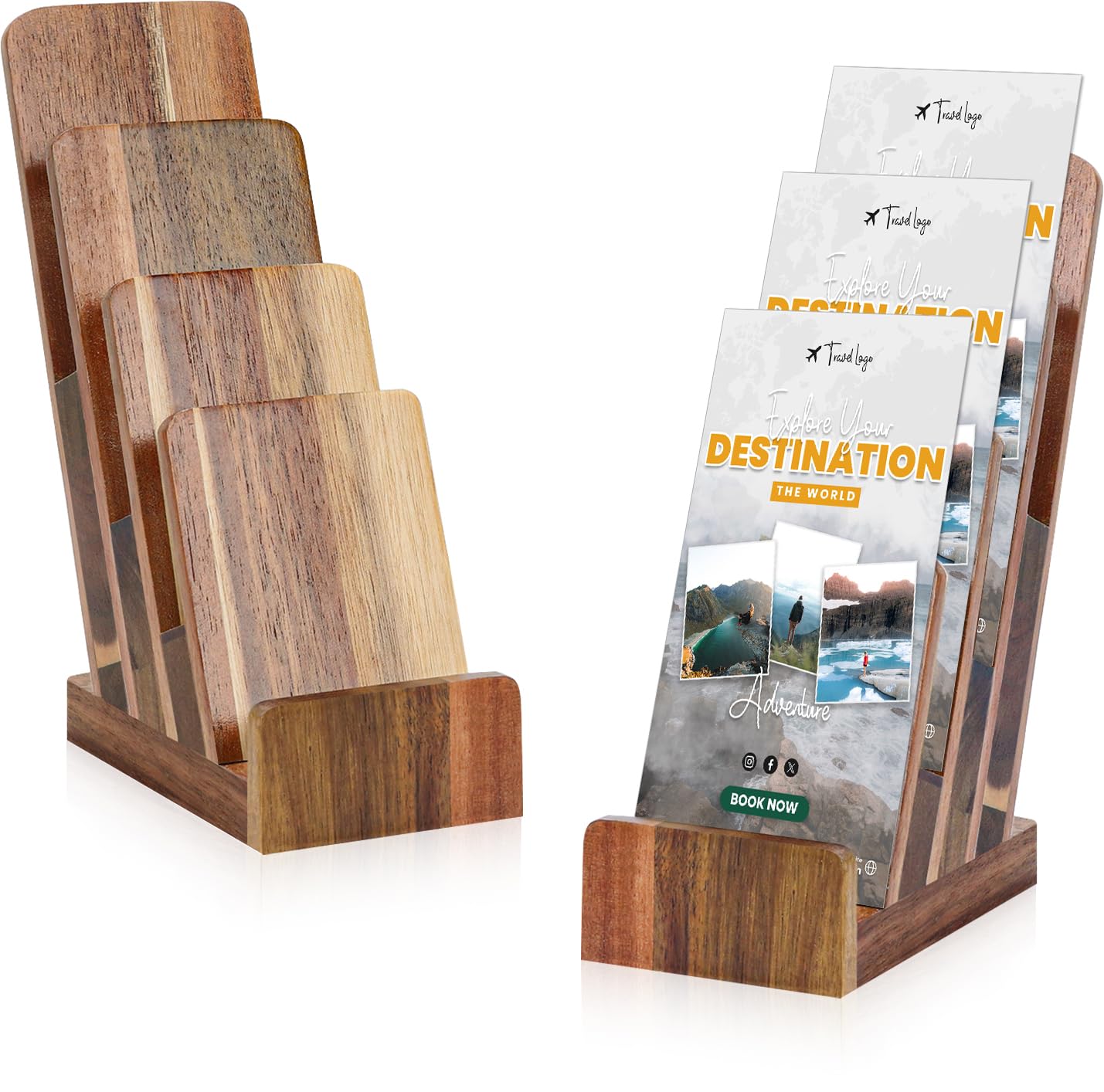 Photo 1 of HKSZEH 2 Pack Acacia Wood 4 Inch Wide pamphlet holder stand 4-Tier Flyer Display Stand 4Ă6 Inch Postcard Greeting Card Countertop Trifold Literature Holder Booklet Menu Organizer For Office Home