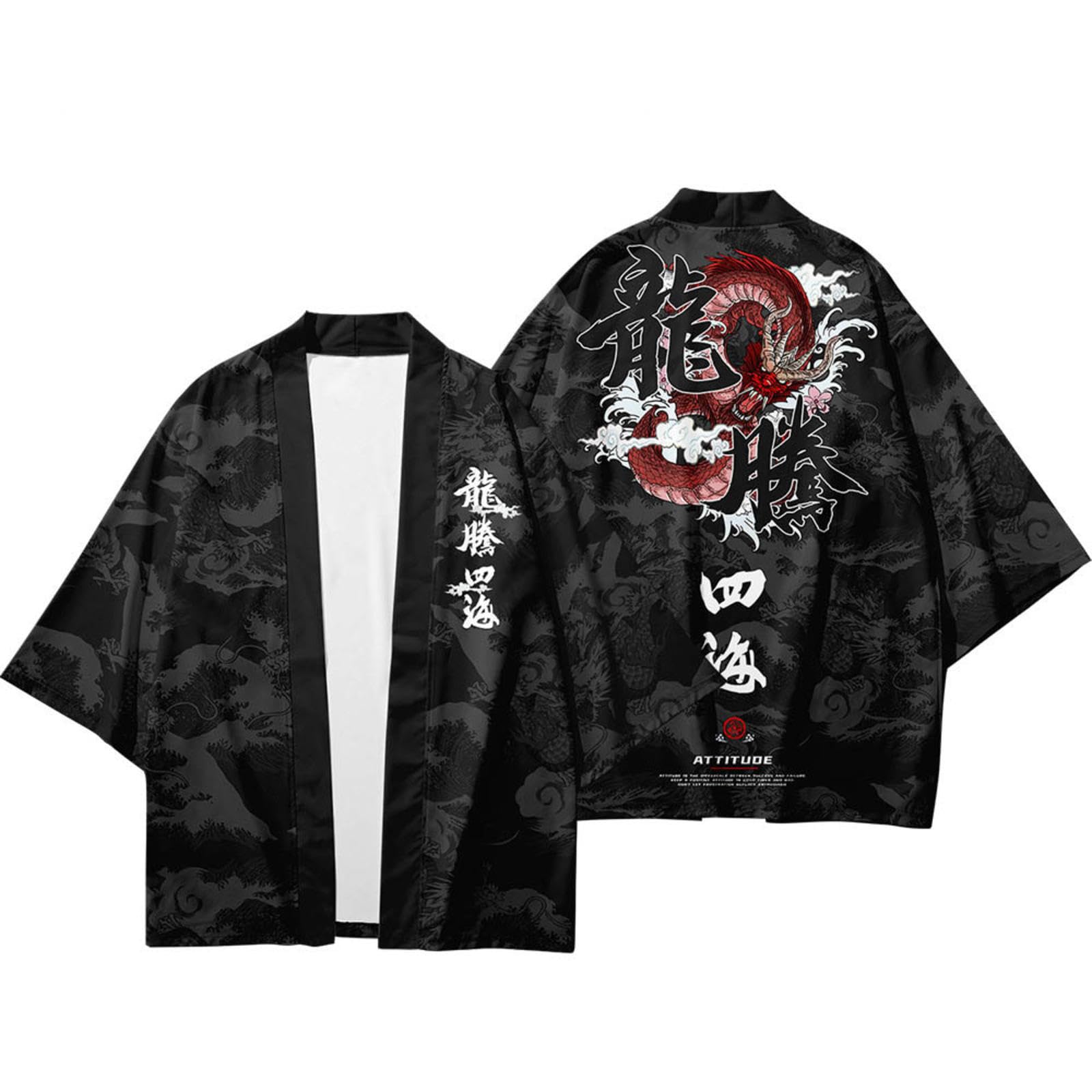 DAYKET Cárdigan Tipo Kimono para Hombre Pantalones de Pierna Ancha Ropa de Calle a La Moda con Dragón Bata Tipo Kimono Japonés Pantalones Traje Informal Haori Tradicional,Top-XXL