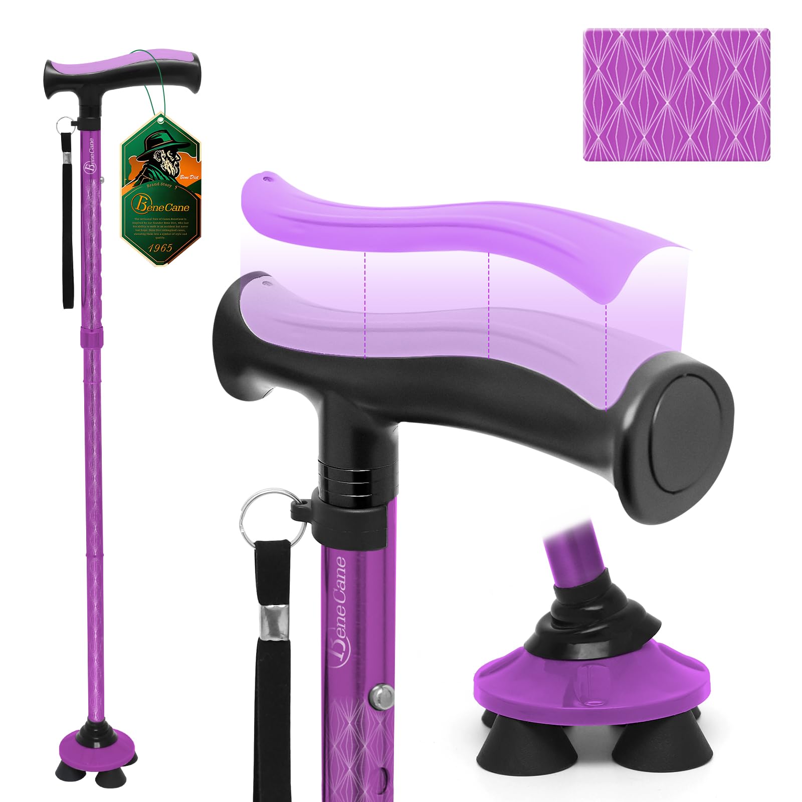 BeneCane Walking Cane for Men &amp; Women Walking Stick for Seniors Folding Canes Quad Cane Adjustable Lightweight Sturdy Collapsible Heavy Duty with Soft TPR T-Handle and Travel Bag