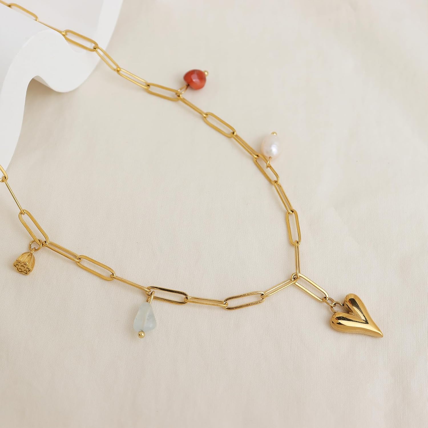 Jean Beau Gold Heart Pearl Charm Choker Necklace for Woman, Boho Birthstone Natural Stone Necklaces Wedding Prom Fashion Jewelry Gift - Image 6