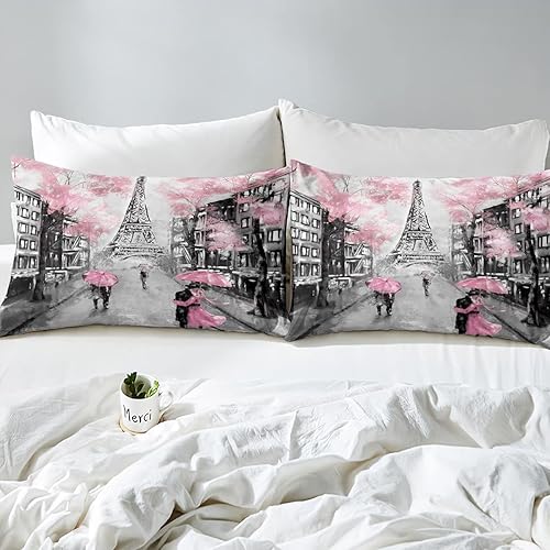 Miniatura 3 de Pink Paris - Juego de edredón de la Torre Eiffel de París, tamaño Queen, estilo francés, para parejas, enamorados, juegos de ropa de cama para