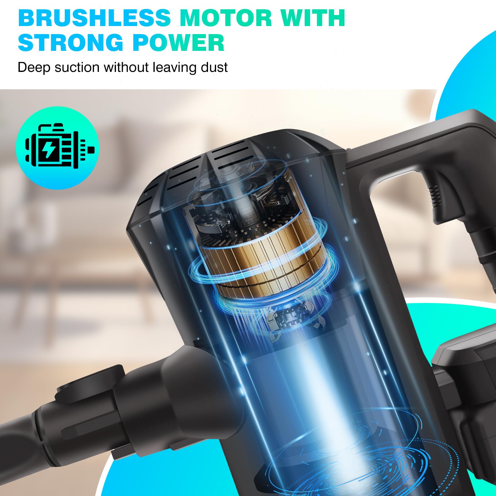 Aspiradora con batería de 500 W con 2 baterías de 3,0 Ah, 15000 Pa/65 min, motor sin escobillas, ligero, filtro HEPA, cepillo giratorio para suelo, aspiradora inalámbrica para suelos duros, alfombras