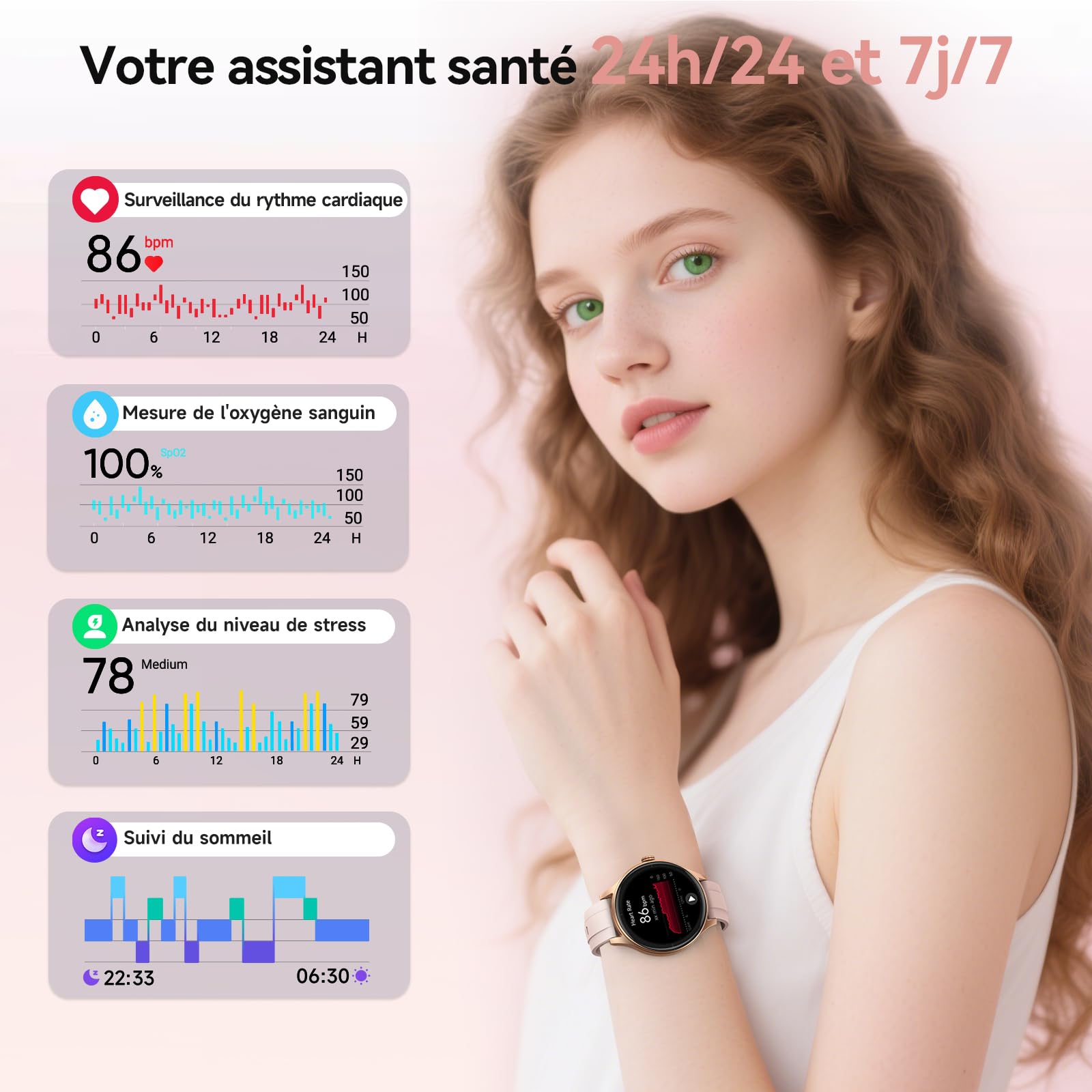 Montre Connectée Femme Smartwatch 1.57" Appel Bluetooth Surveillance Fréquence Cardiaque Sommeil 3ATM étanche 120+ Modes Sport Podometre