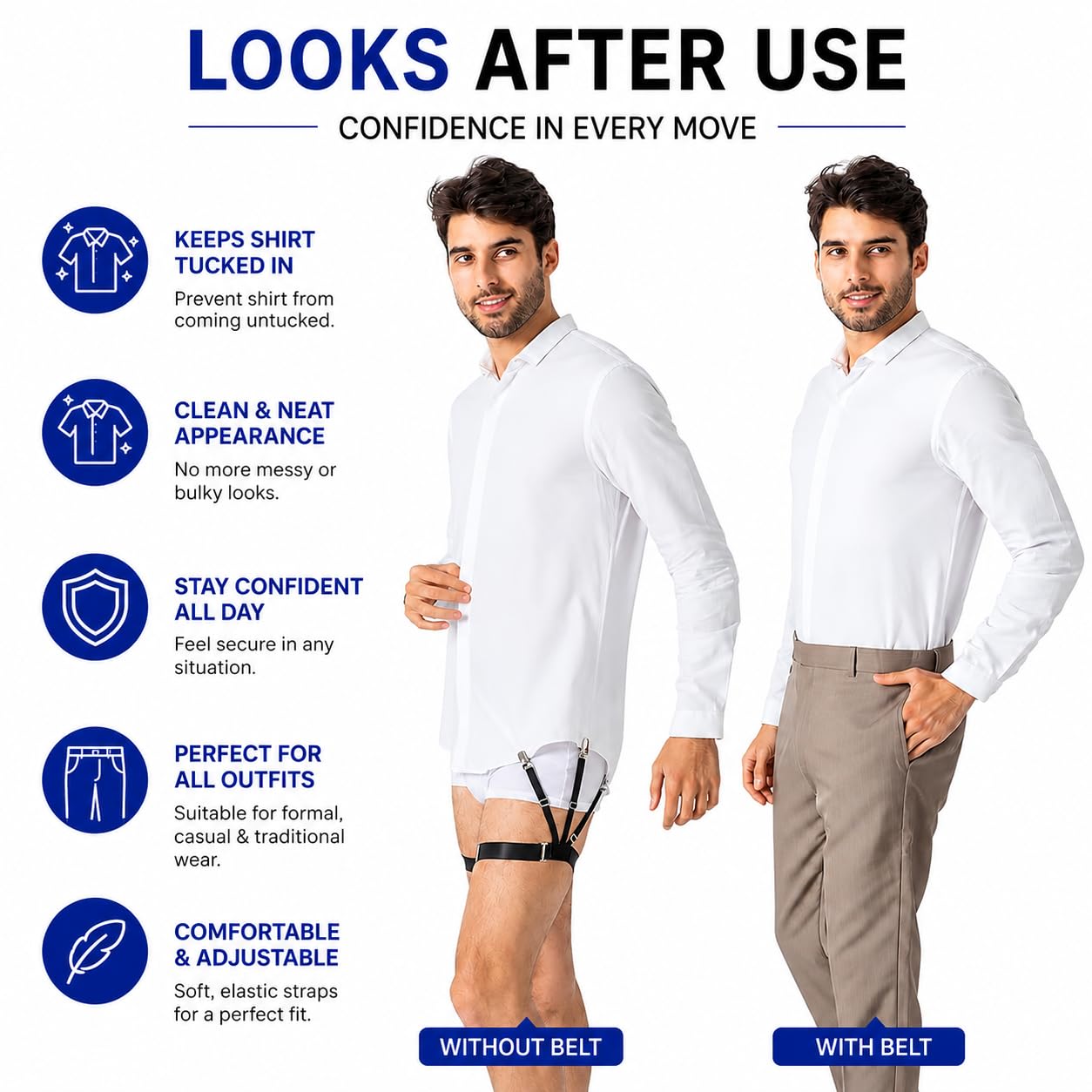 SHYAM EXPORT Men's Adjustable Shirt Stays - Premium Elastic Shirt Holders & Garters | Non-Slip Locking Clamps | Slim Fit Crease-Resistant Suspenders for a Sharp & Tucked Look 3