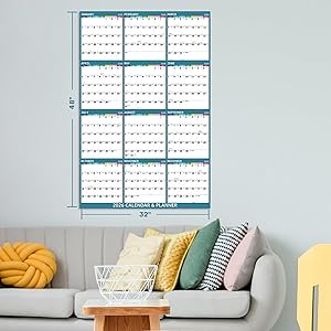 48" x 32" 2026 Dry Erase Calendar for Wall - 2026 Wall Calendar Dry Erase, 2026 Yearly Wall Calendar 12 Month, 2-Side Erasable Calendar, Vertical/Horizontal, Large XL Wet & Dry Erase Laminated - Green