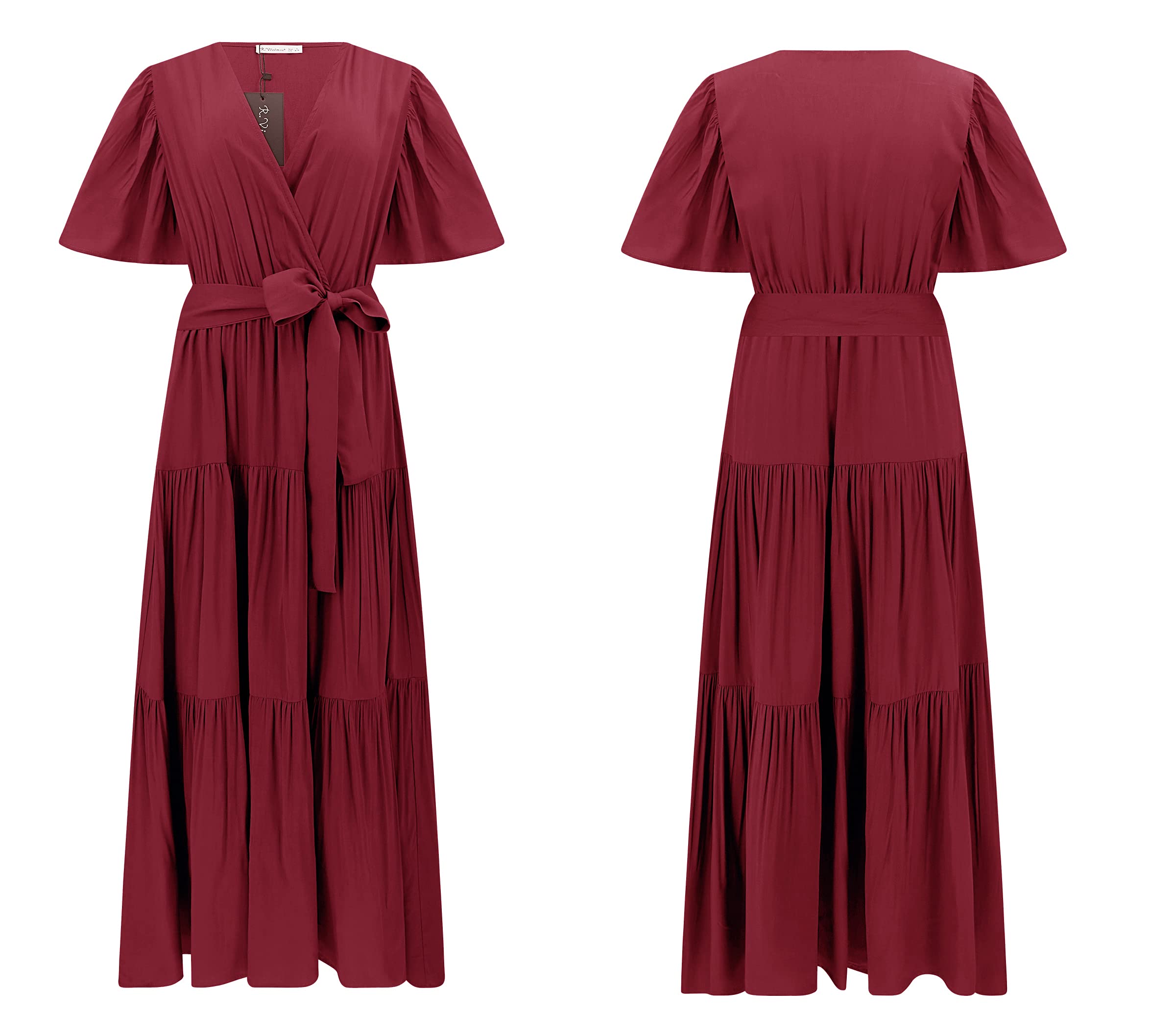 R.Vivimos Summer Dress for Women Cotton Ruffle Short Sleeves V Neck Casual Flowy Midi Dress with Belt