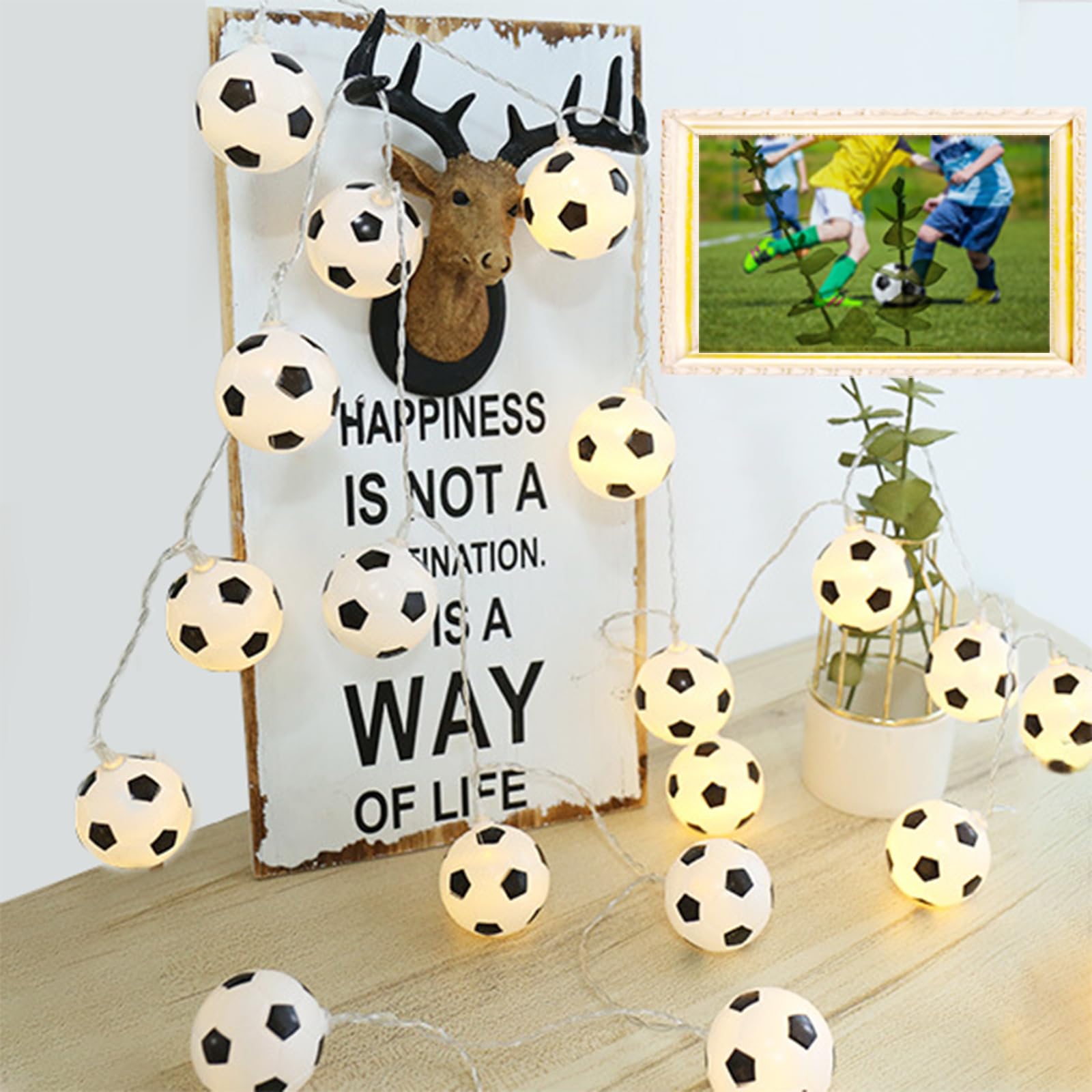 Fußball-Lichterkette, 20 LED-Kugeln, 3 m USB-betriebene Fußball-Themen-Lichterkette, warmweiß, perfekte Fußball-Dekorationen für Sportfans, dekorative Beleuchtung für den Innenbereich