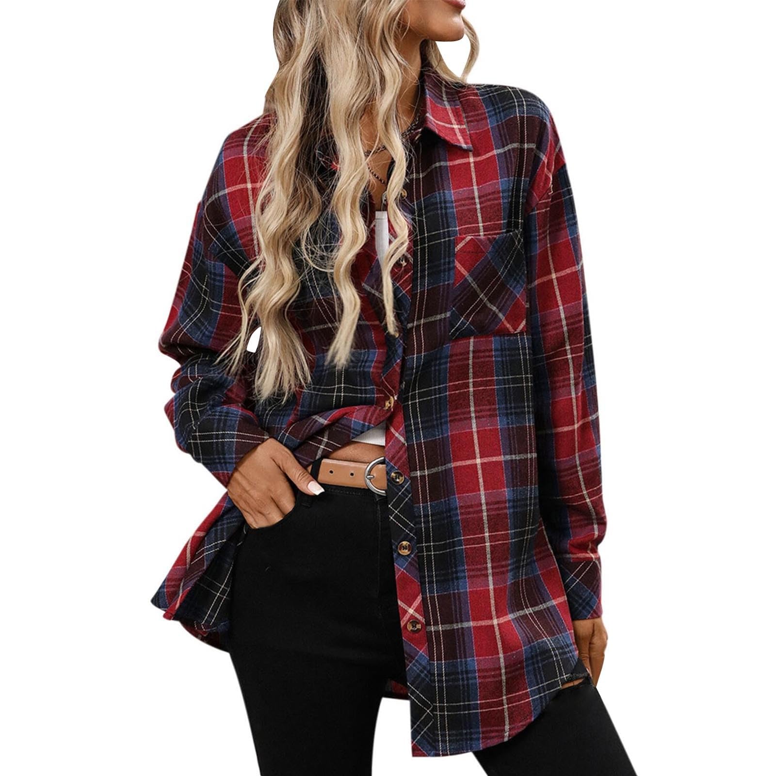 Plaid Flannel Shirts for Women Long Sleeve Button Down Shackets Collared Tunic Jackets Lightweight Fall Tops