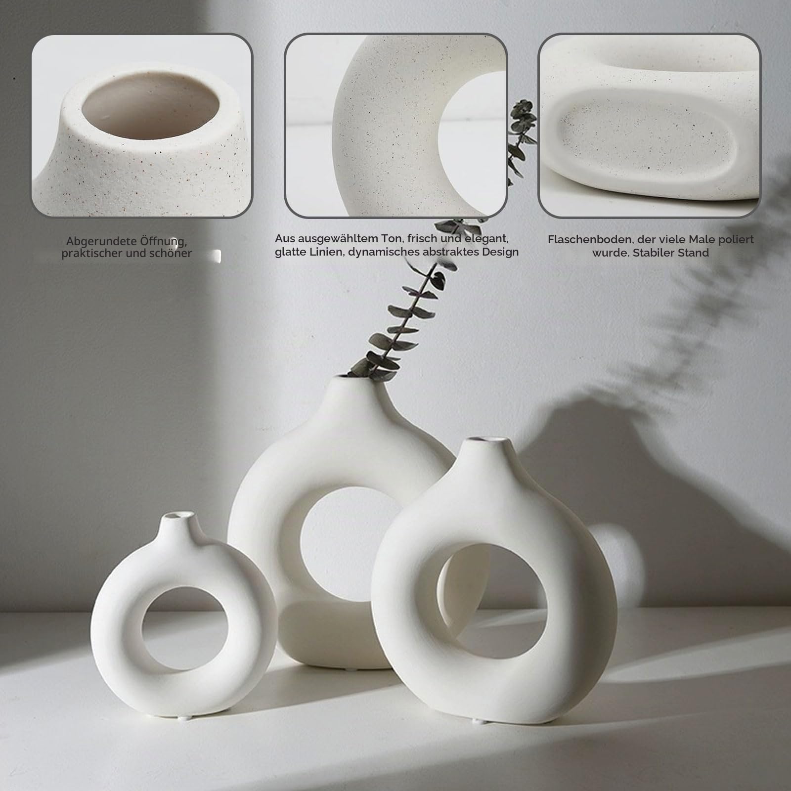 Set aus 3 Vasen Set - Vase Keramik Vasen Deko ohne Blumen, Blumenvase Weiß Deko Aesthetic für Deko Wohnzimmer, Zimmer Deko, Büro Deko und Deko Schlafzimmer