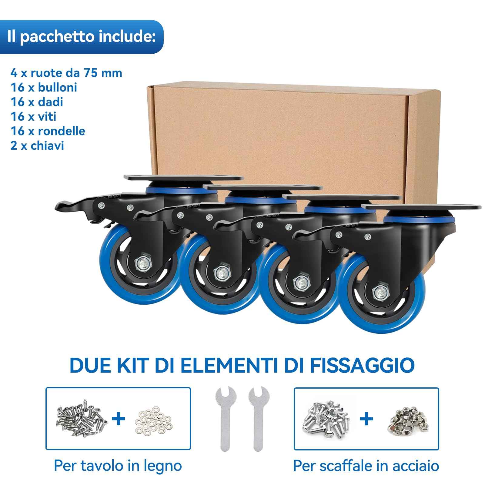 Ruote Girevoli per Carrello 75mm Blu con Freno e Bulloni - Set di 4 Ruote per Mobili Ruote per Carichi Pesanti Fino a 500KG - per Uso Interno ed Esterno - Con Rotazione a 360°