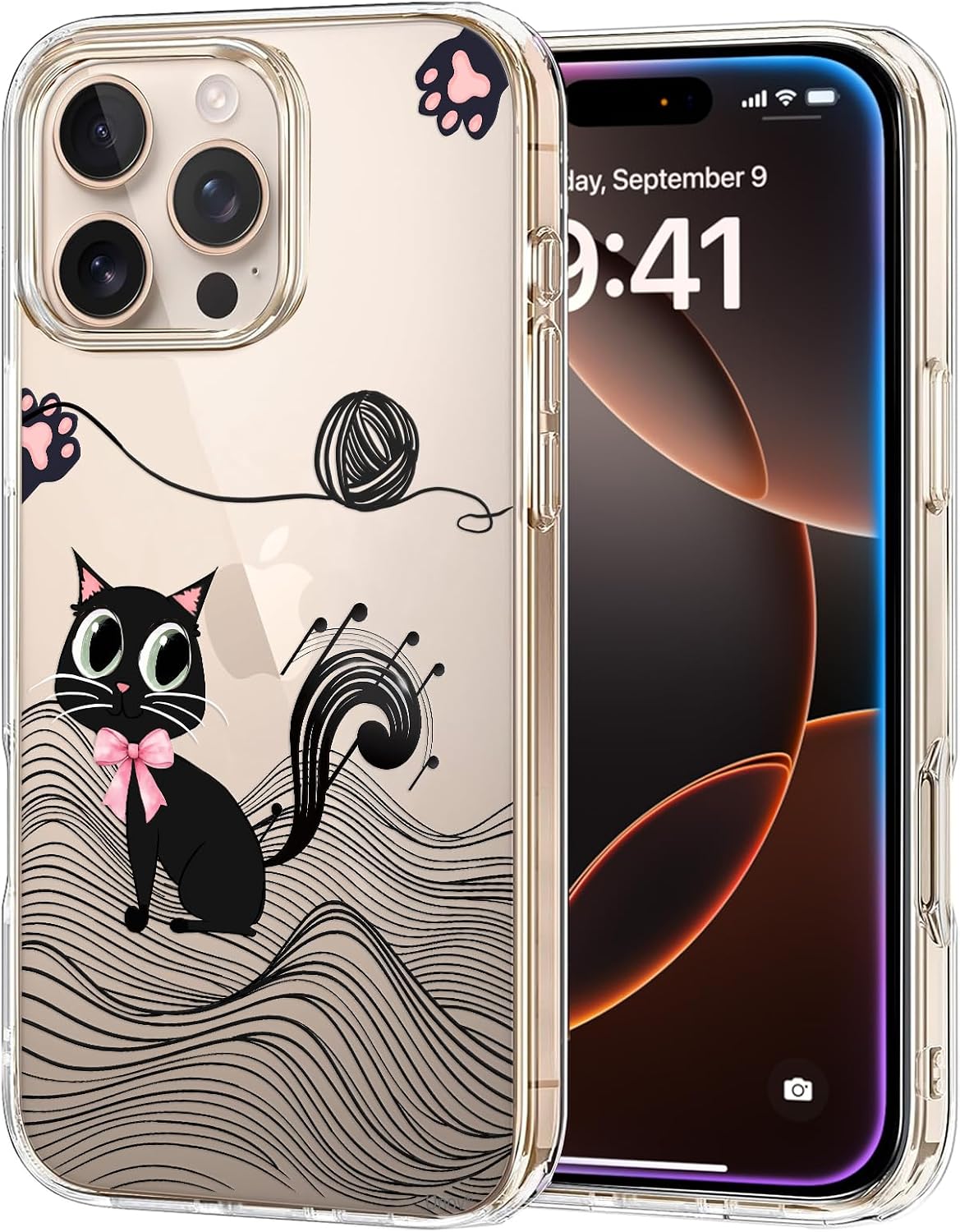 Unov for iPhone 16 Pro Case, Clear with Embossed Design, Black Cat