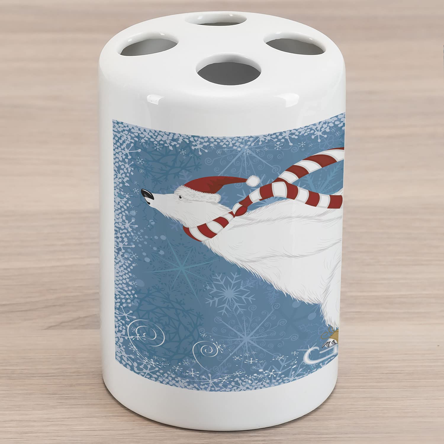 Ambesonne Bear Ceramic Toothbrush Holder, Polar Animal Christmas Hat and Scarf Ice Skating Ornamental Snowflakes and Swirls, Decorative Versatile Countertop for Bathroom, 4.5" X 2.7", Blue Red White