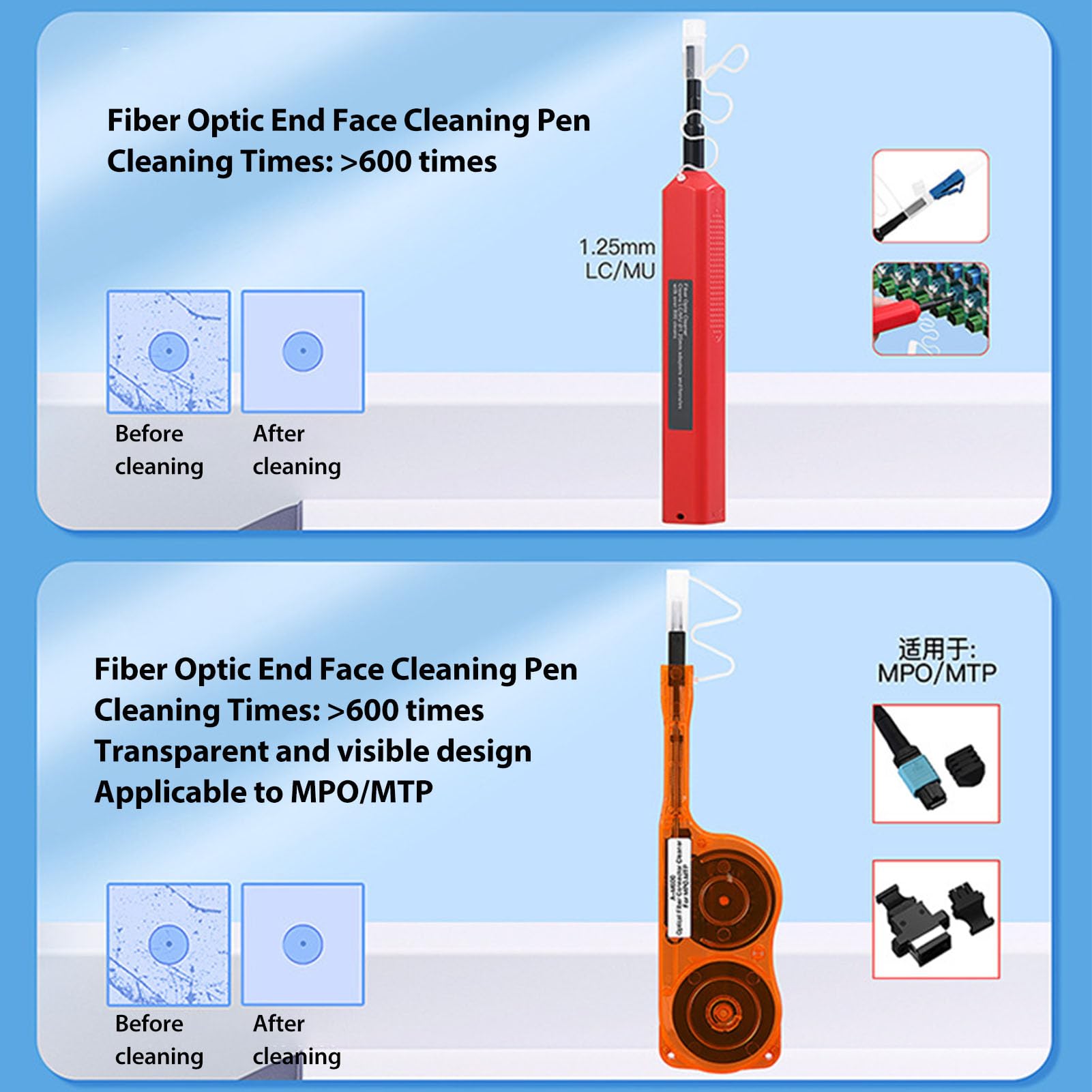 Glasfaser-Reinigungsset mit 1,25mm & 2,5mm Reinigungsstift, MPO MTP Reiniger, FTTH Reinigungsbox für SC/FC/ST/LC Steckverbinder, über 800 Anwendungen, inkl. Aufbewahrungstasche