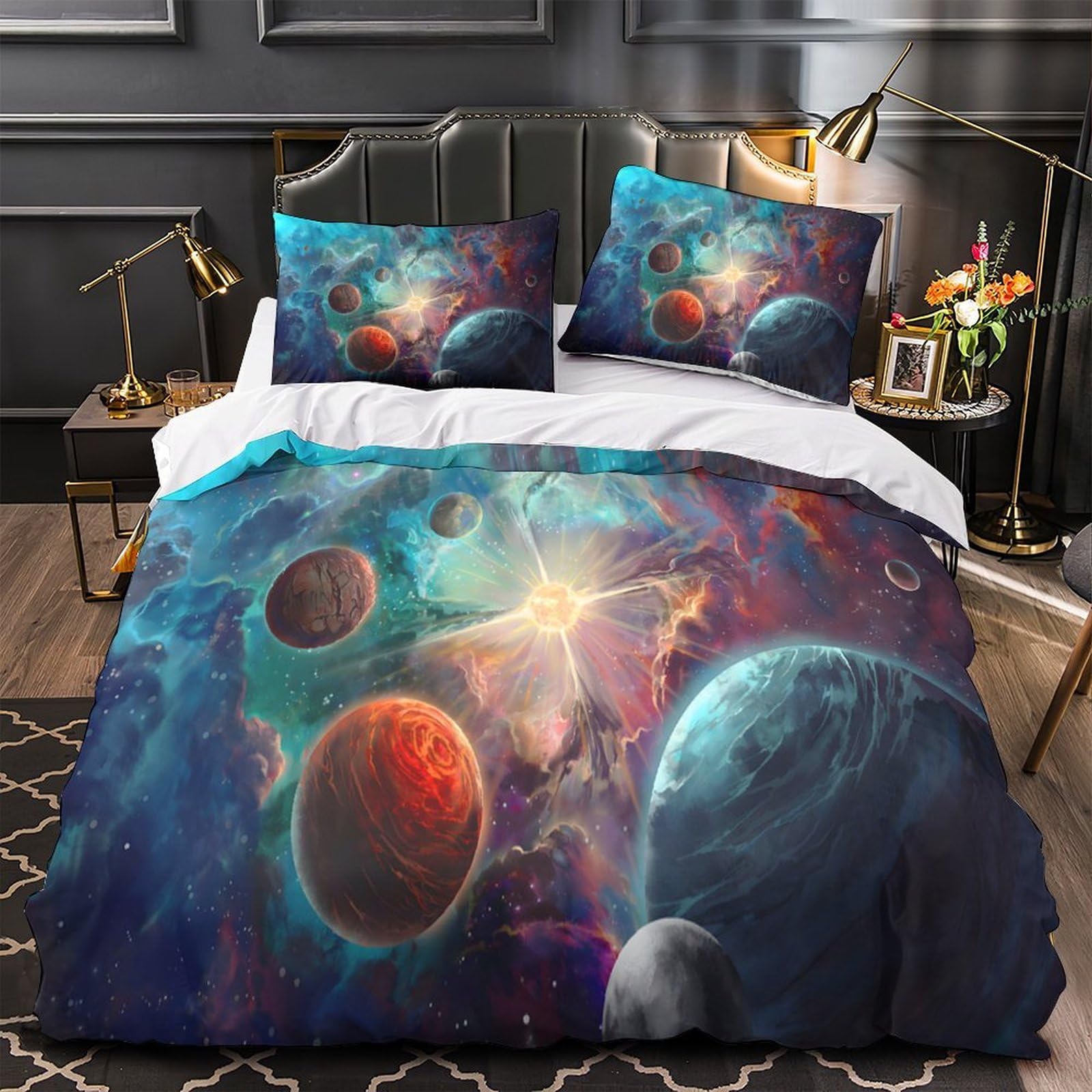Housse de couette planètes cosmiques lit double 200x200 parure microfibre enfant