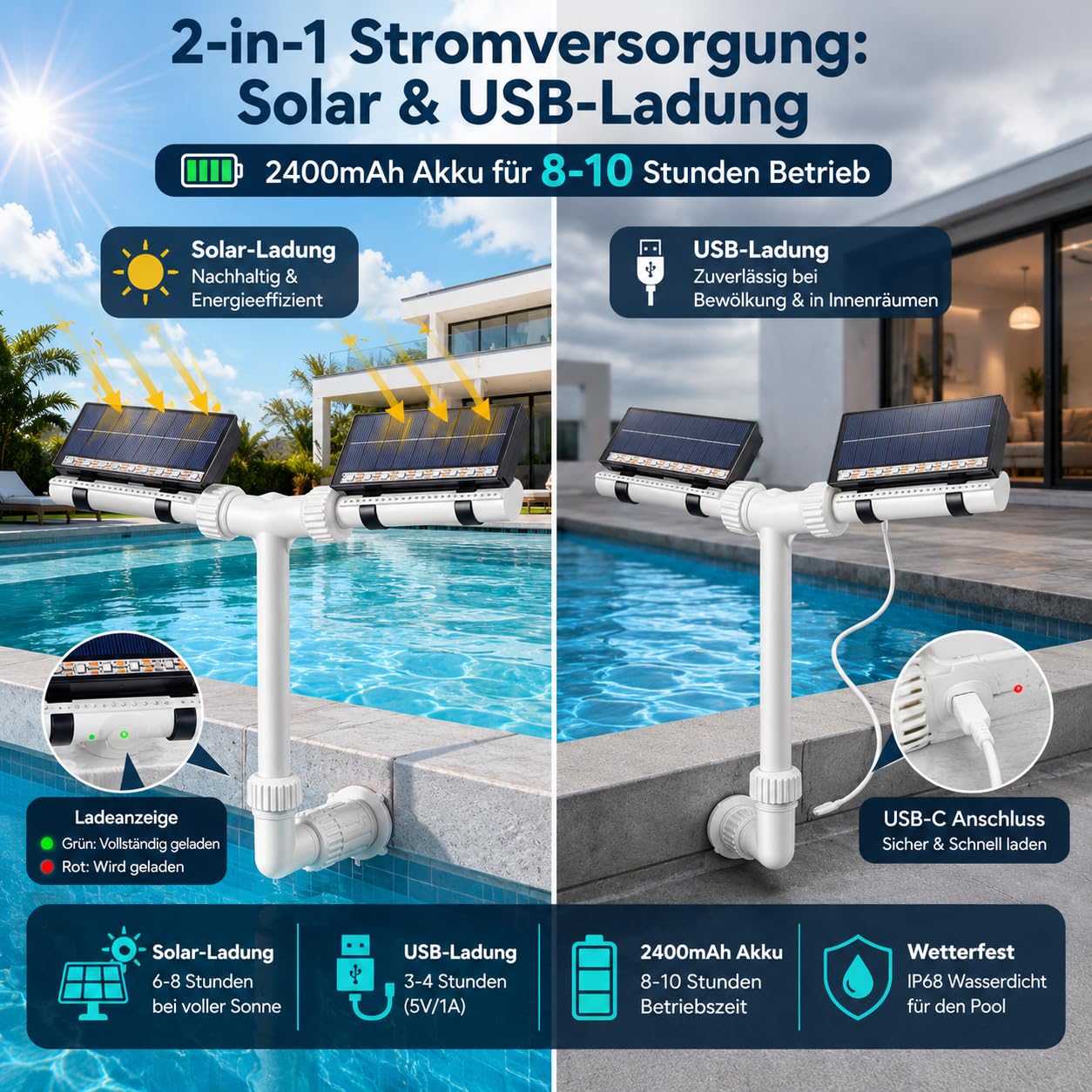 Solar Poolbrunnen mit LED RGB Licht, 18 LED Dual Sprühkopf 360° Einstellbar, 11 Modi Fernbedienung Fernbedienung & App Steuerung, Poolkühler mit Akku & USB Ladefunktion