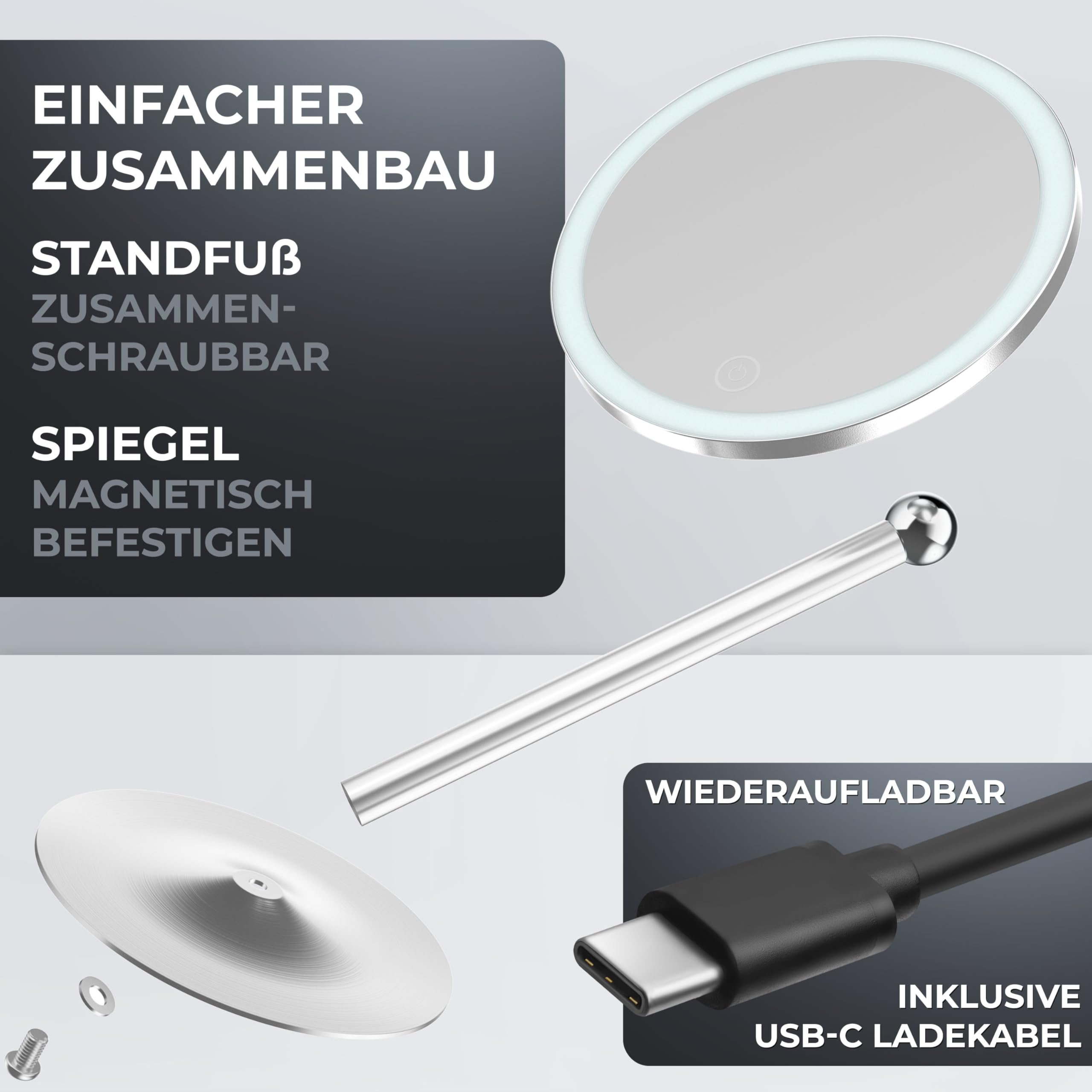 ovimar Specchio cosmetico Bogo argento | con illuminazione | ricaricabile | indipendente | nel bagno | Specchio ingranditore 5x | Specchio per il trucco con luce | Specchio a 360 gradi
