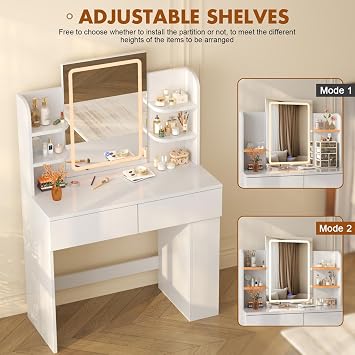 Devoko Dressing Table with LED Lighting Mirror,3 Light Colors,Adjustable Brightness,Vanity Table,Makeup Desk with 2 Drawers and 4 Storage Shelves, 90 x 40 x 135 cm, Modern White [Energy Class D]