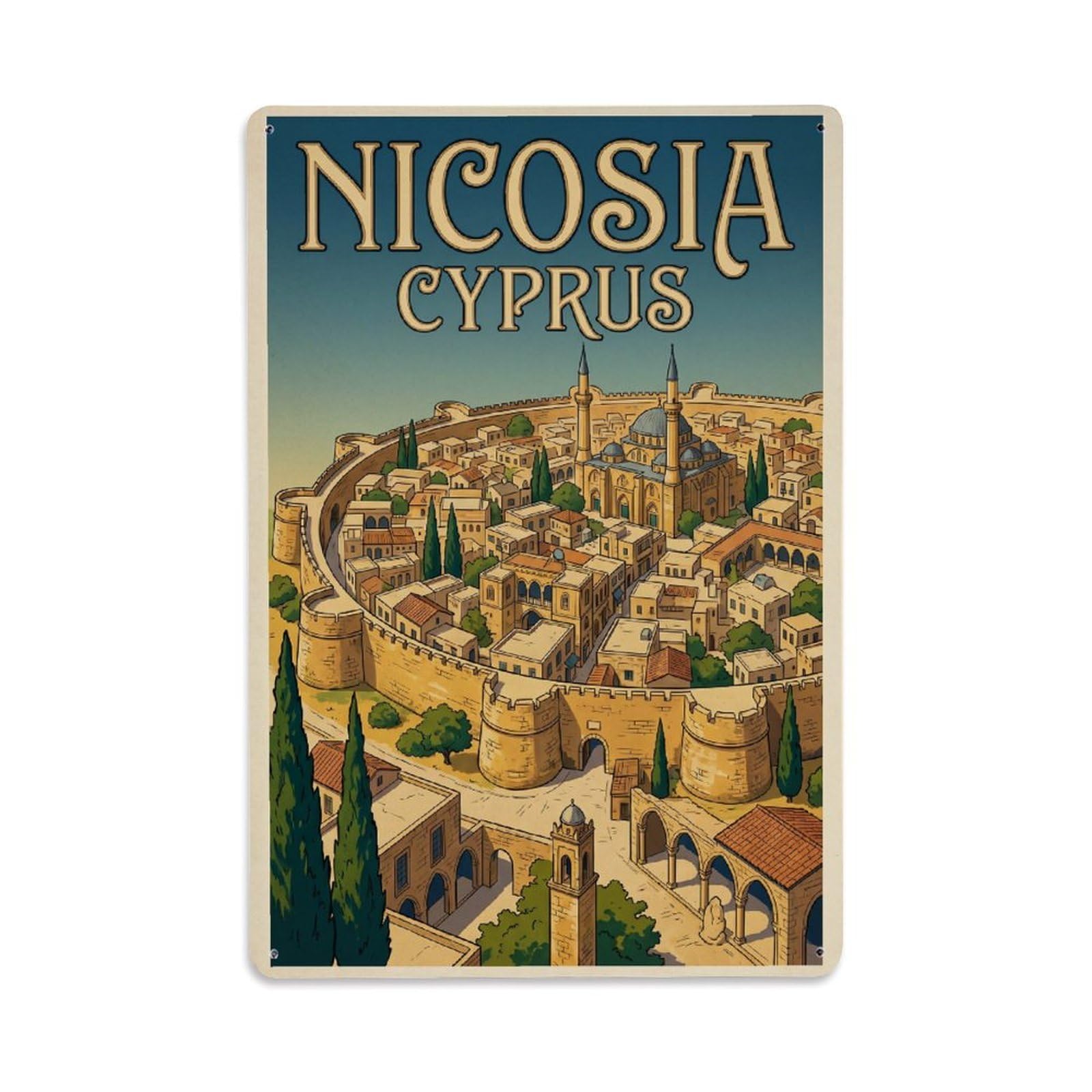 Vintage Travel Cyprus Nicosia Metal Tin Sign Plaque Wall Decor for Cafe, Club Bar, Office, Garden Metal Poster 8x12Inch