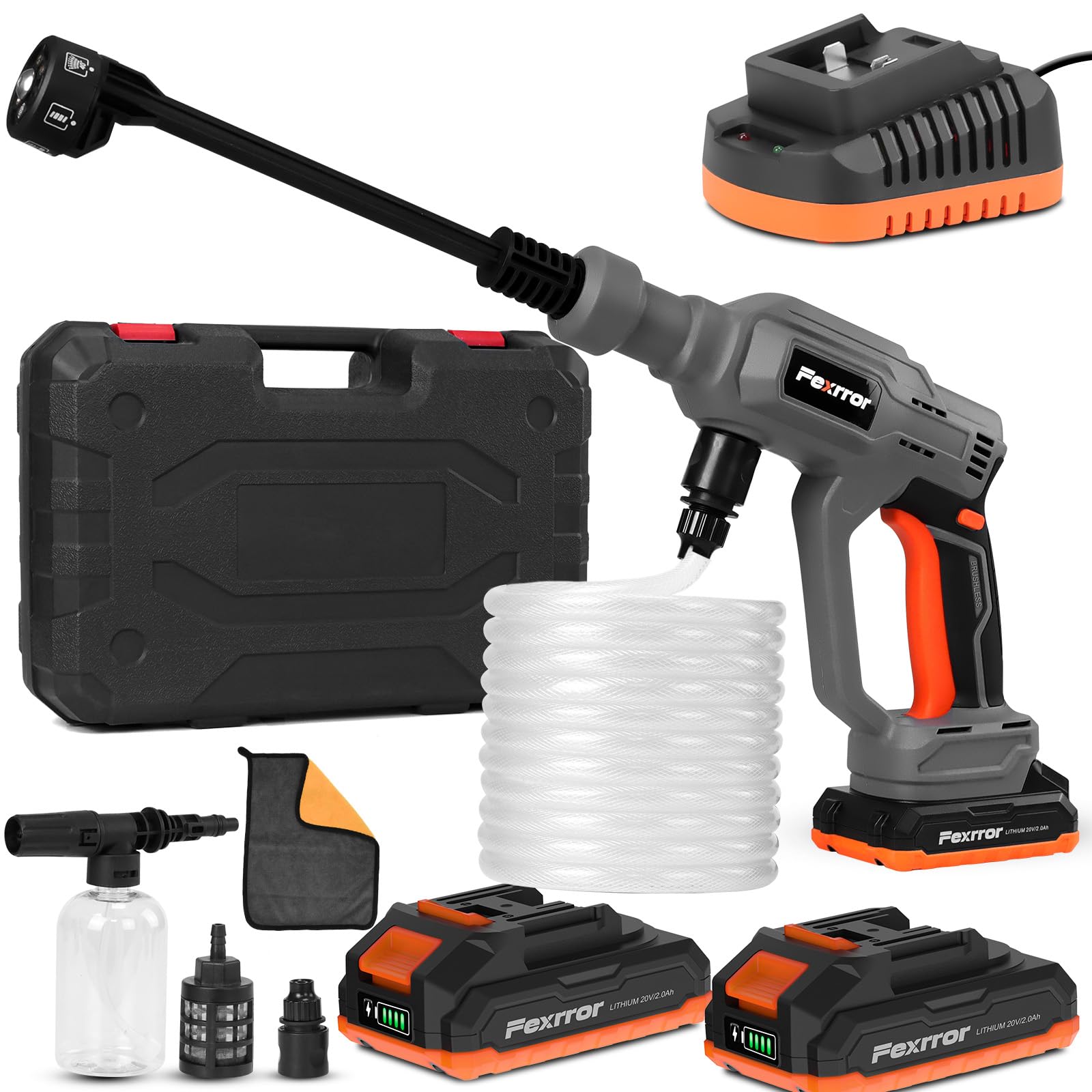 Fexrror Brushless Cordless Pressure Washer, 6-in-1 Spray Nozzles, 3 Speed Adjustment, Max 52Bar, 2x2000 mAh Battery Powered Pressure Washer, 5M/16.4FT Hose, Portable Jet Washer for Car/Floor/Garden