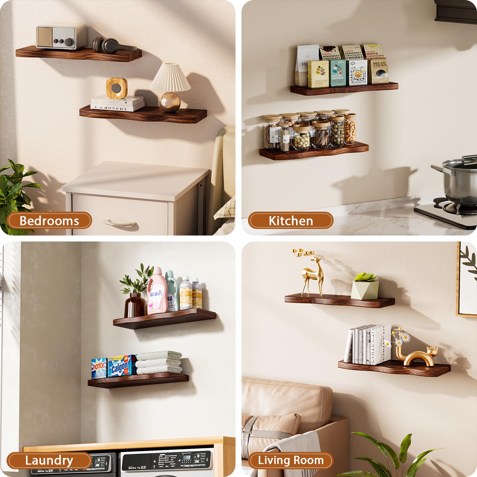 Mensole galleggianti da parete, 61 cm, rustiche, in legno, librerie sospese, mensole sospese con venature naturali uniche per soggiorno, camera da letto, cucina, set di 2 (colore noce)